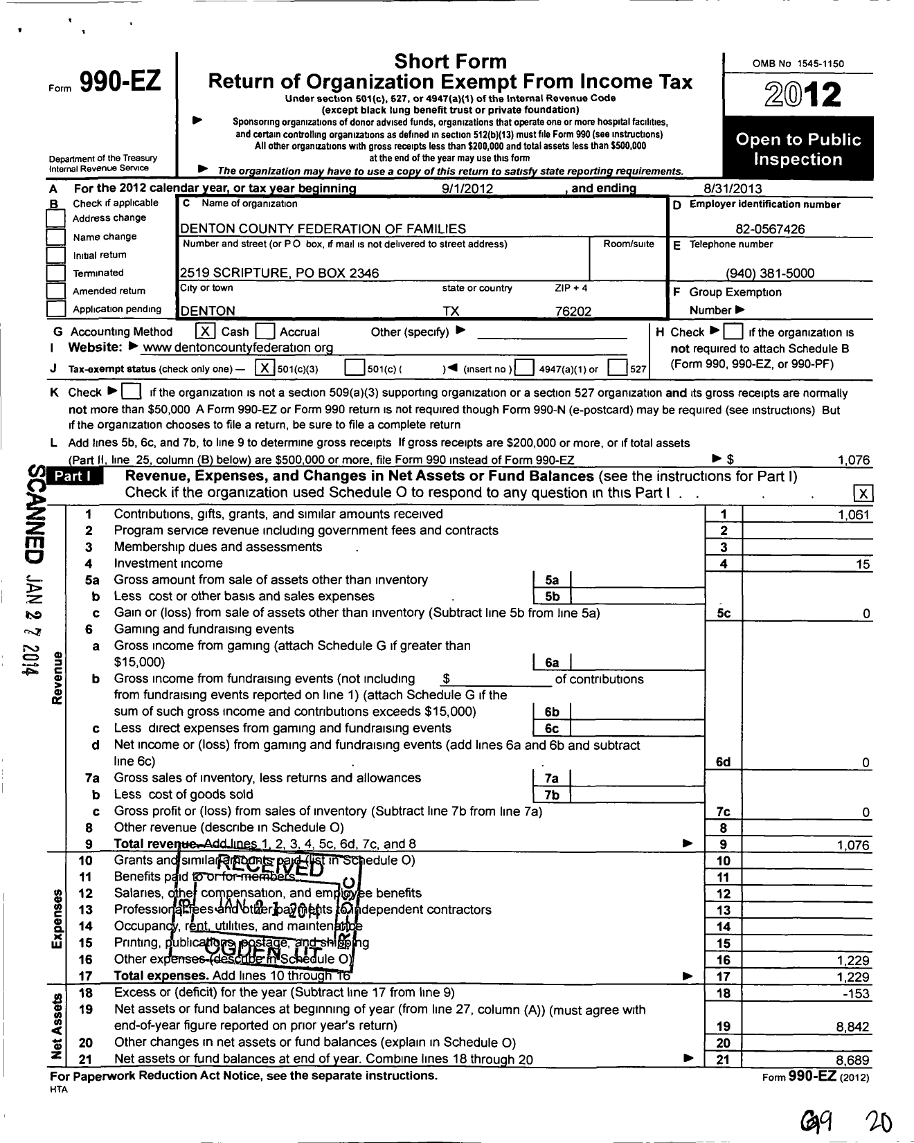 Image of first page of 2012 Form 990EZ for Federation of Families - Texas