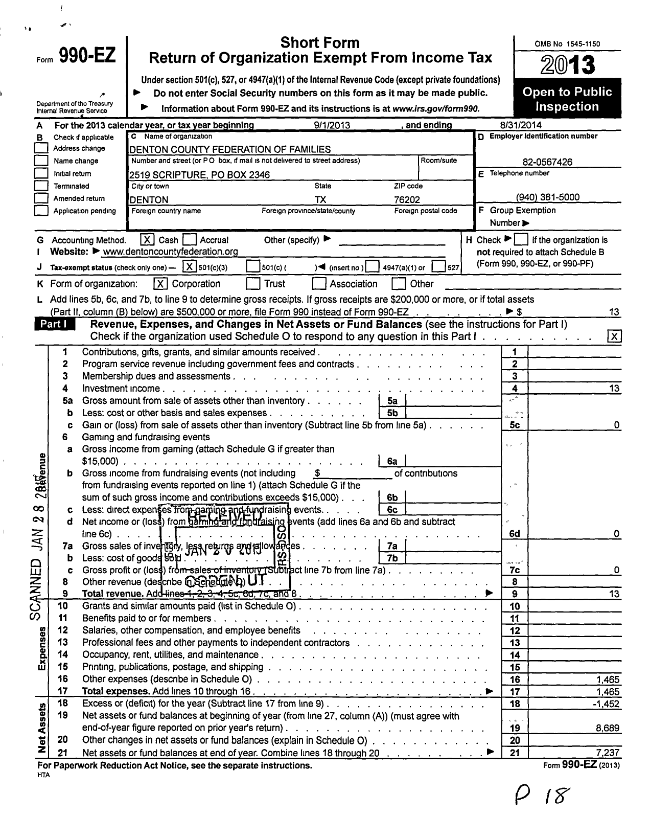 Image of first page of 2013 Form 990EZ for Federation of Families - Texas