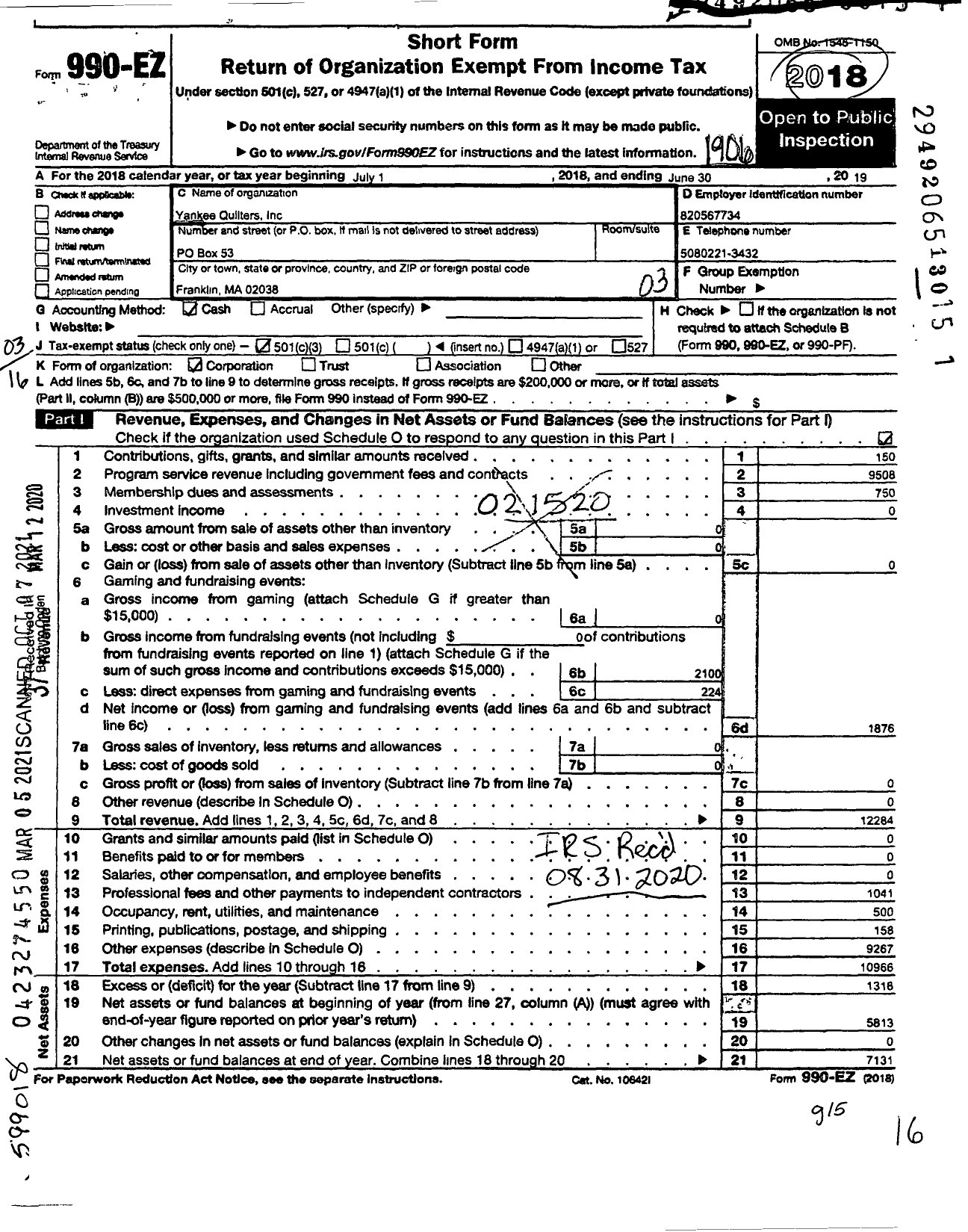 Image of first page of 2018 Form 990EZ for Yankee Quilters