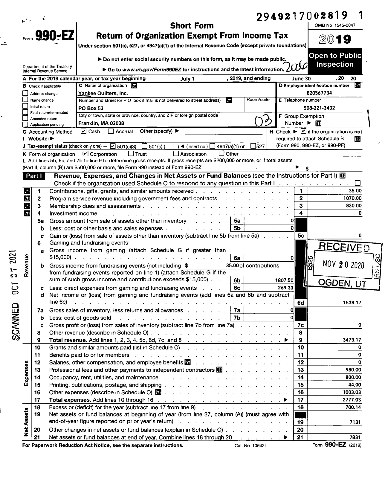 Image of first page of 2019 Form 990EZ for Yankee Quilters