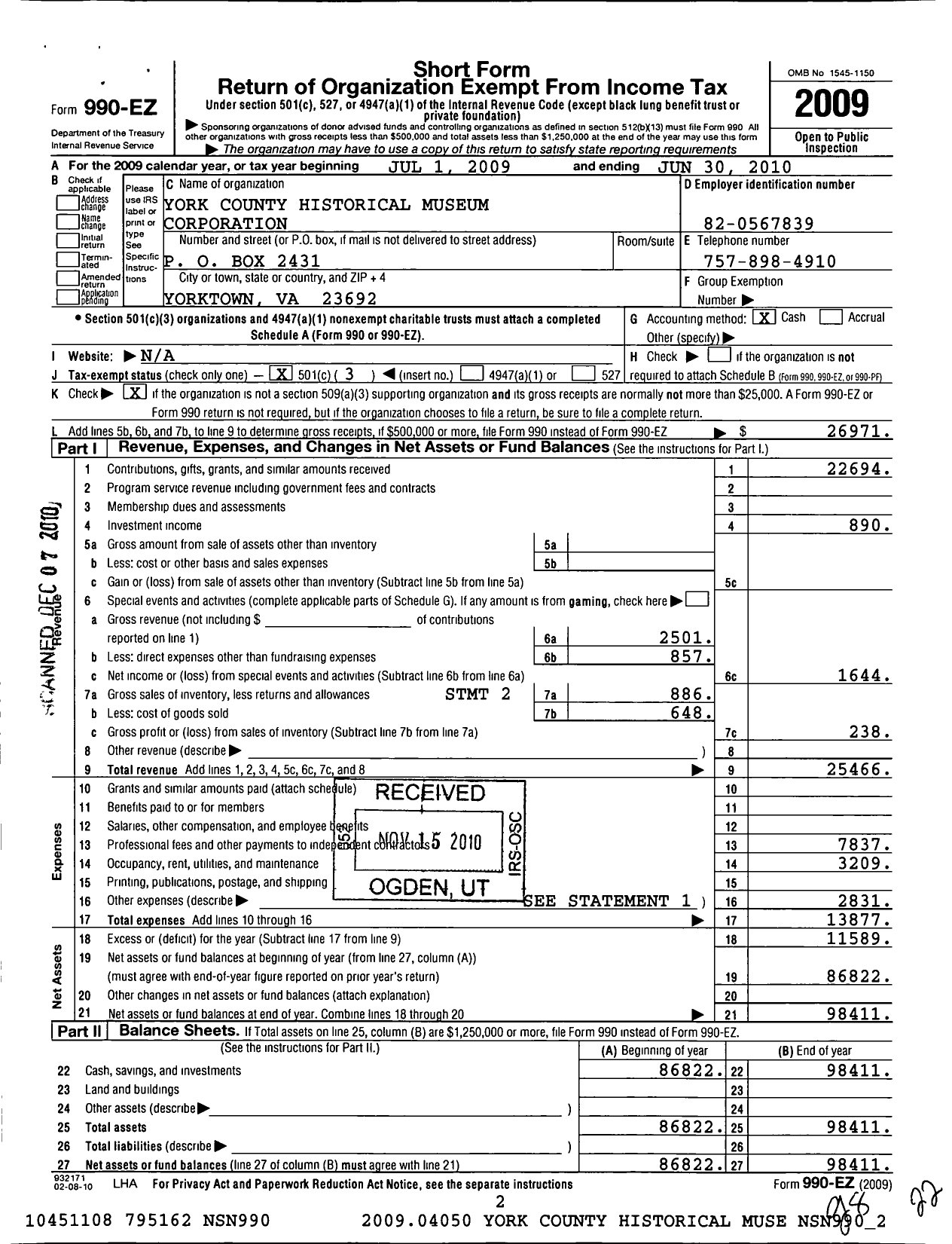 Image of first page of 2009 Form 990EZ for York County Historical Museum Corporation