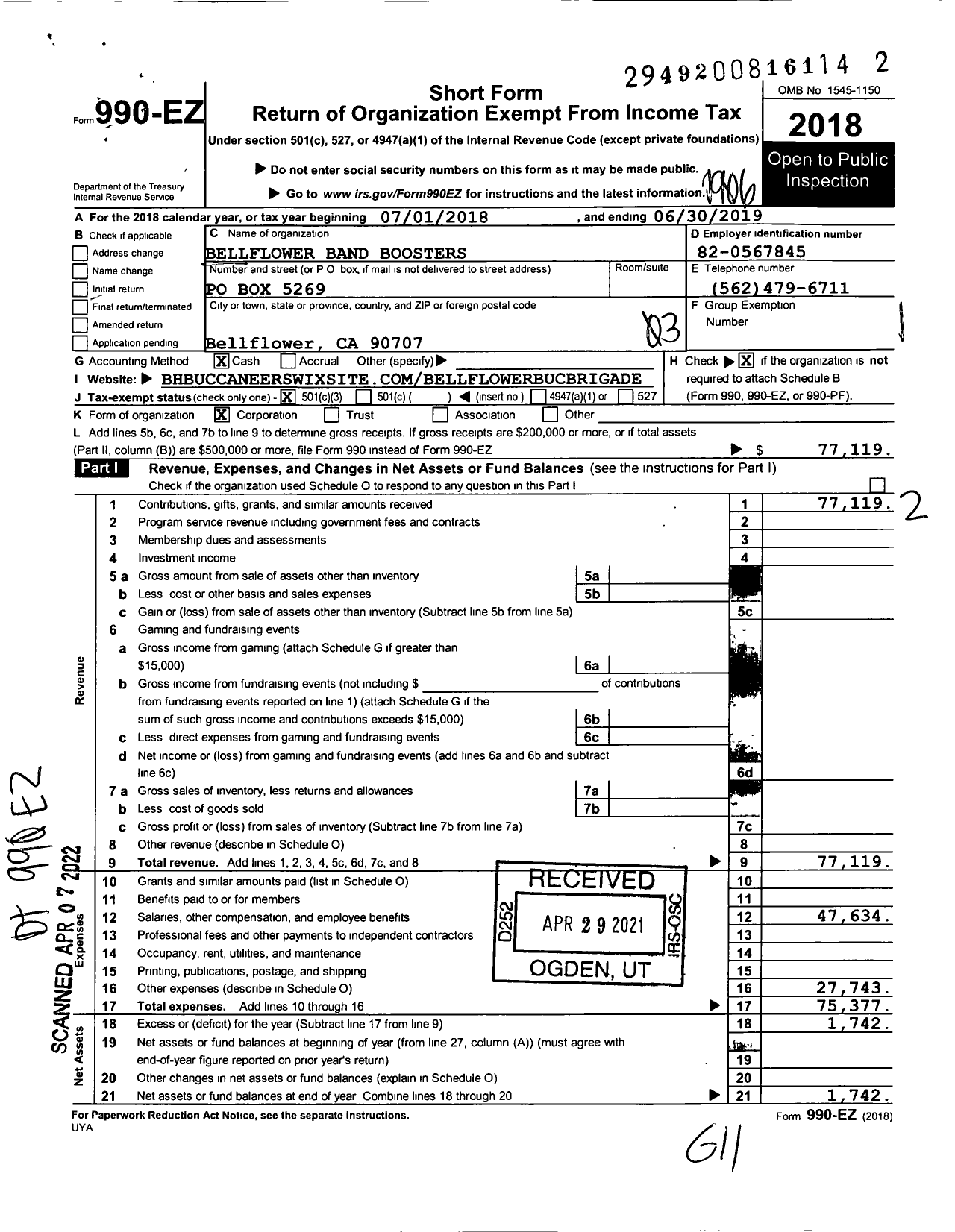 Image of first page of 2018 Form 990EZ for Bellflower Band Boosters