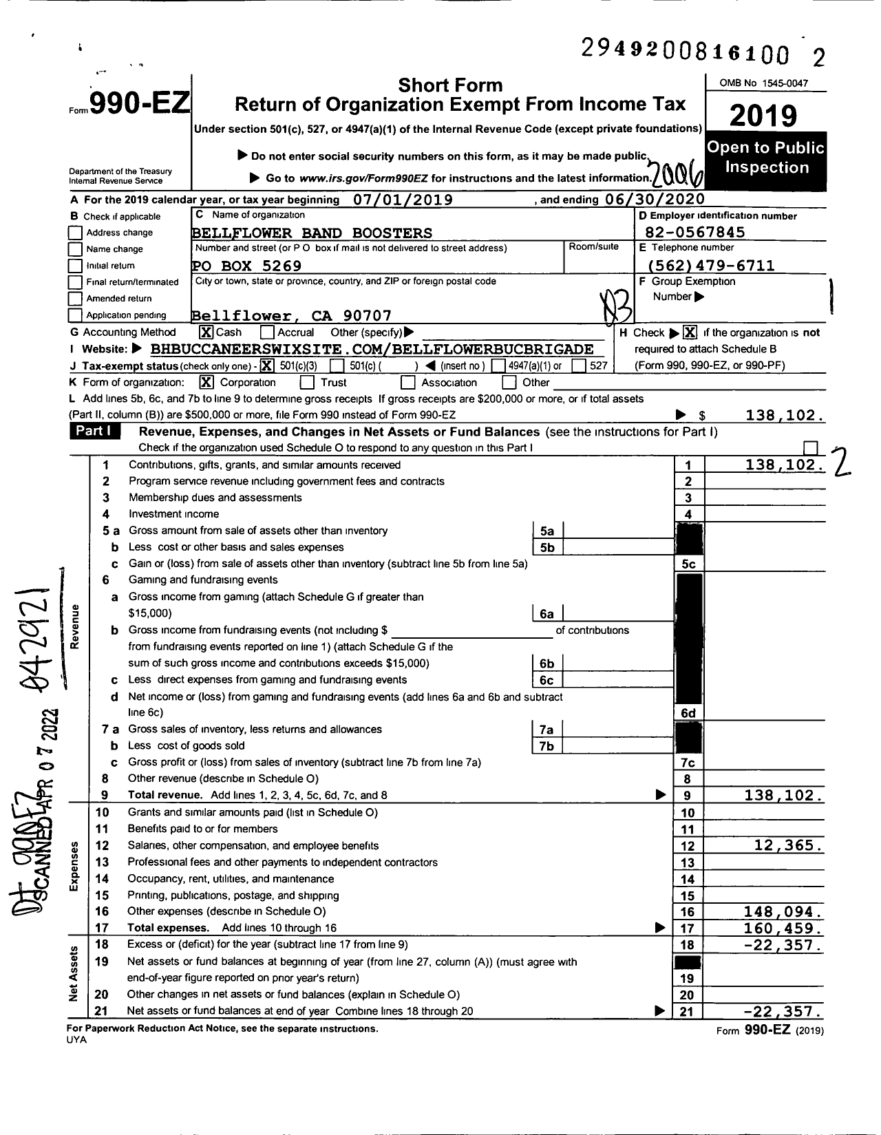 Image of first page of 2019 Form 990EZ for Bellflower Band Boosters