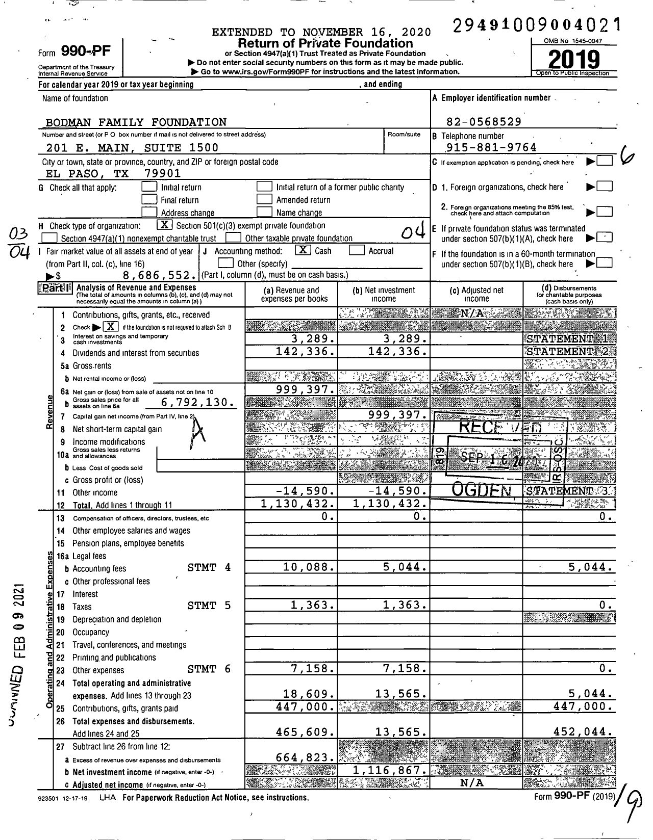 Image of first page of 2019 Form 990PF for Bodman Family Foundation