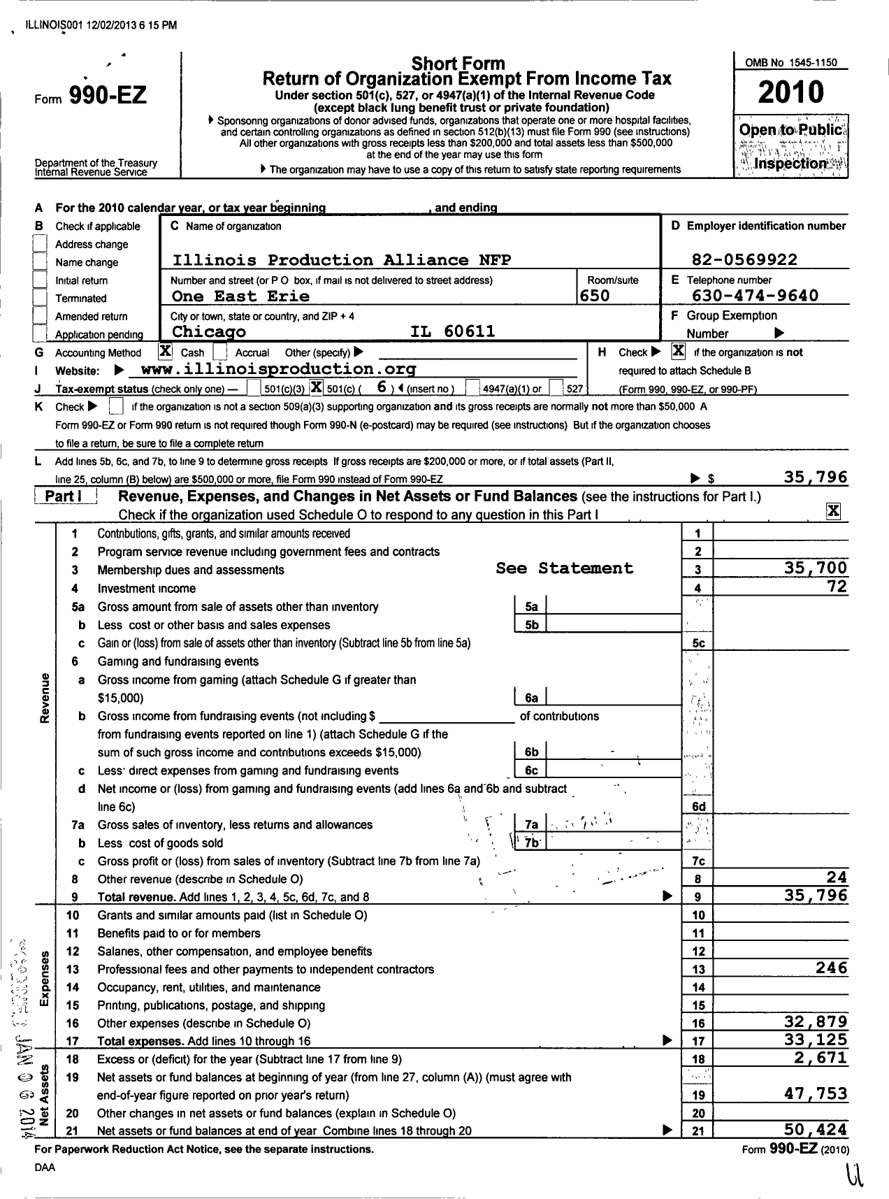 Image of first page of 2010 Form 990EO for Illinois Production Alliance NFP