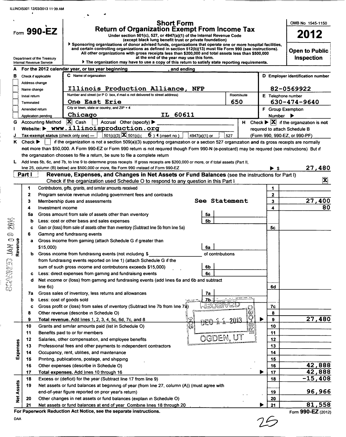 Image of first page of 2012 Form 990EO for Illinois Production Alliance NFP