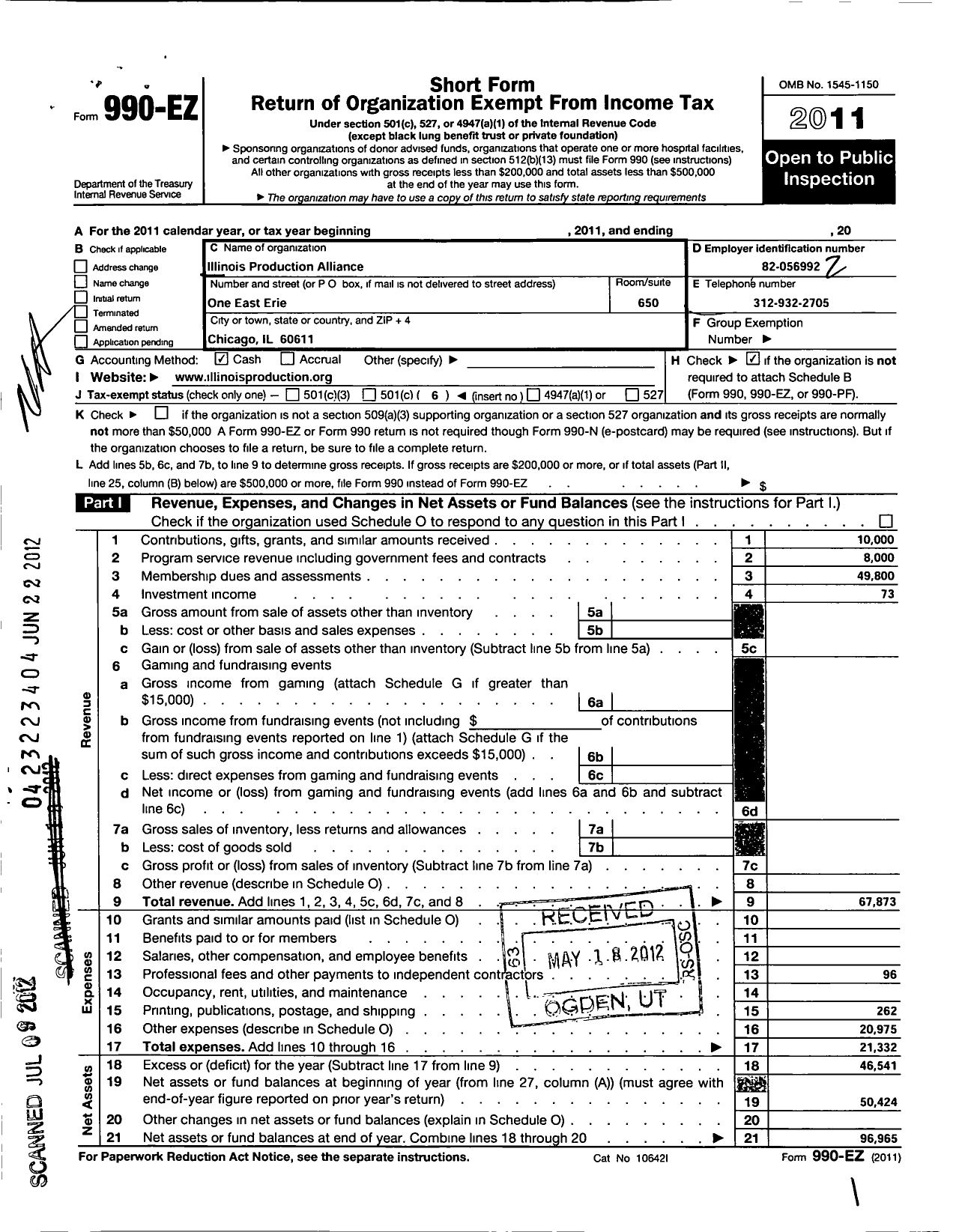 Image of first page of 2011 Form 990EO for Illinois Production Alliance NFP