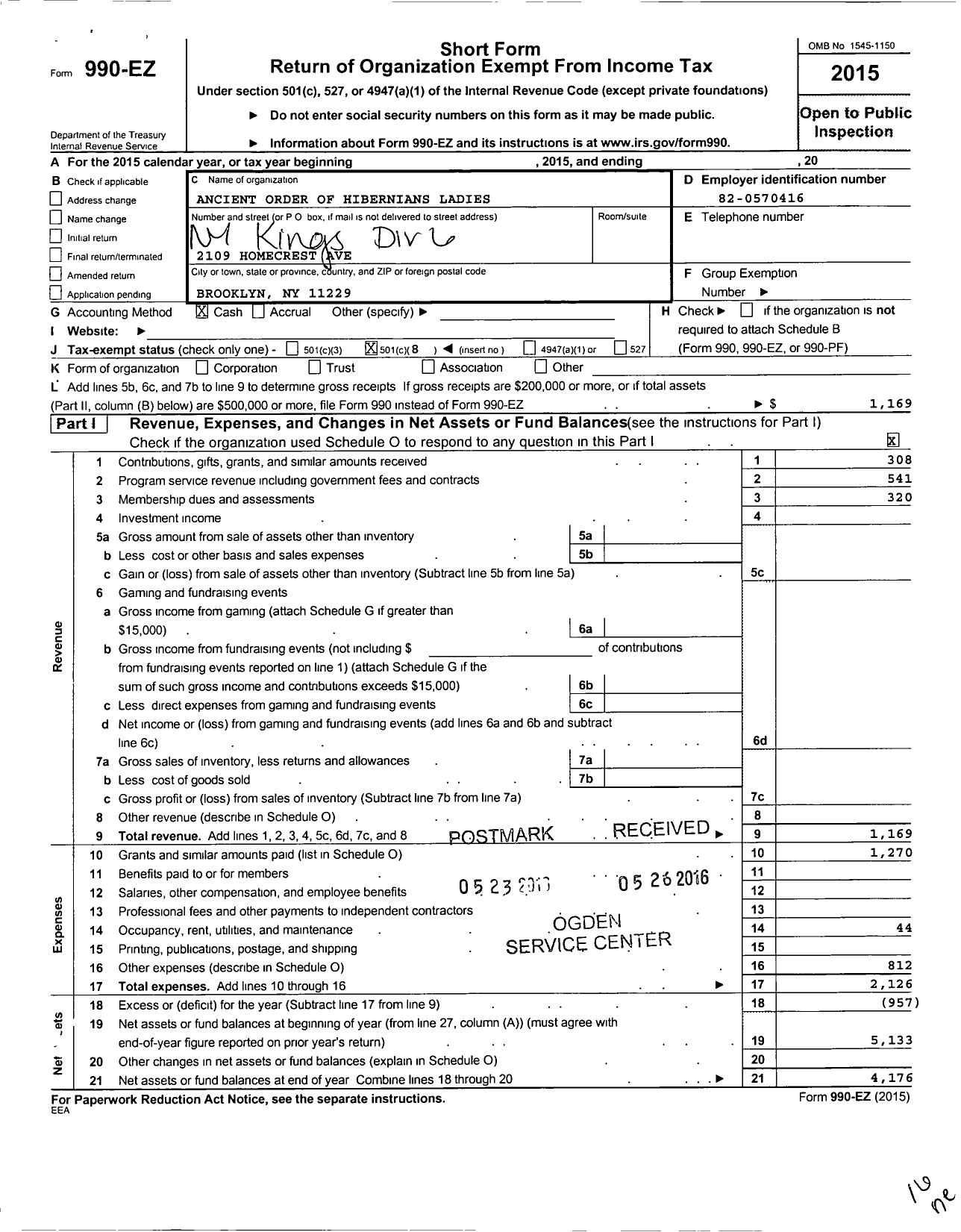 Image of first page of 2015 Form 990EO for Ancient Order of Hibernians Ladies / 6 Div Kings County Ny