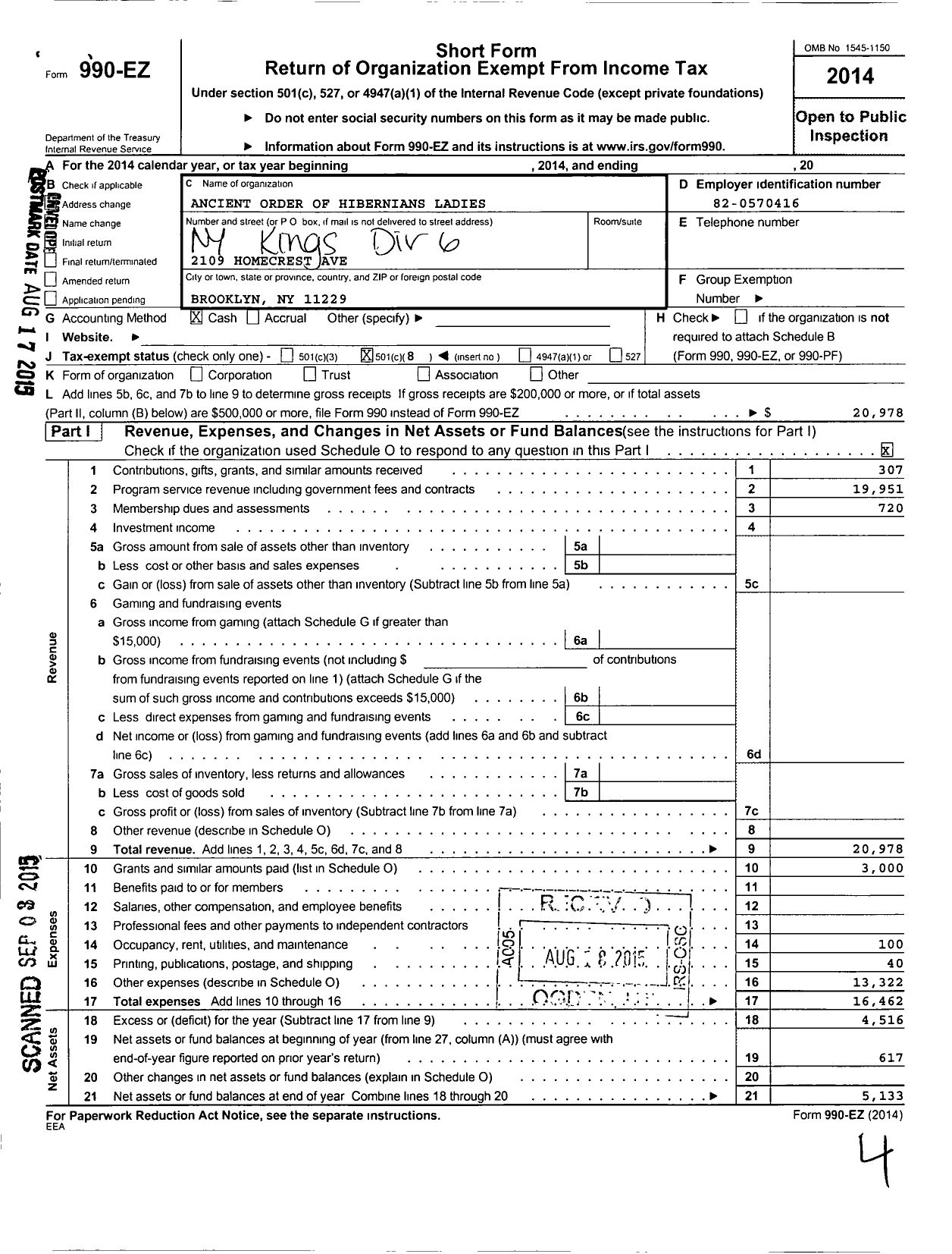 Image of first page of 2014 Form 990EO for Ancient Order of Hibernians Ladies / 6 Div Kings County Ny