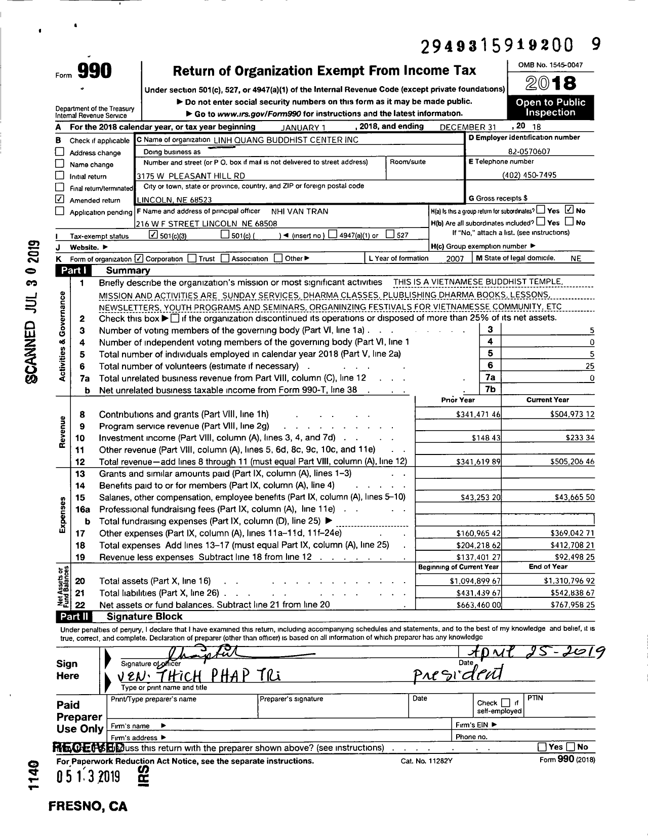 Image of first page of 2018 Form 990 for 3175 W Pleasant Hill Rd