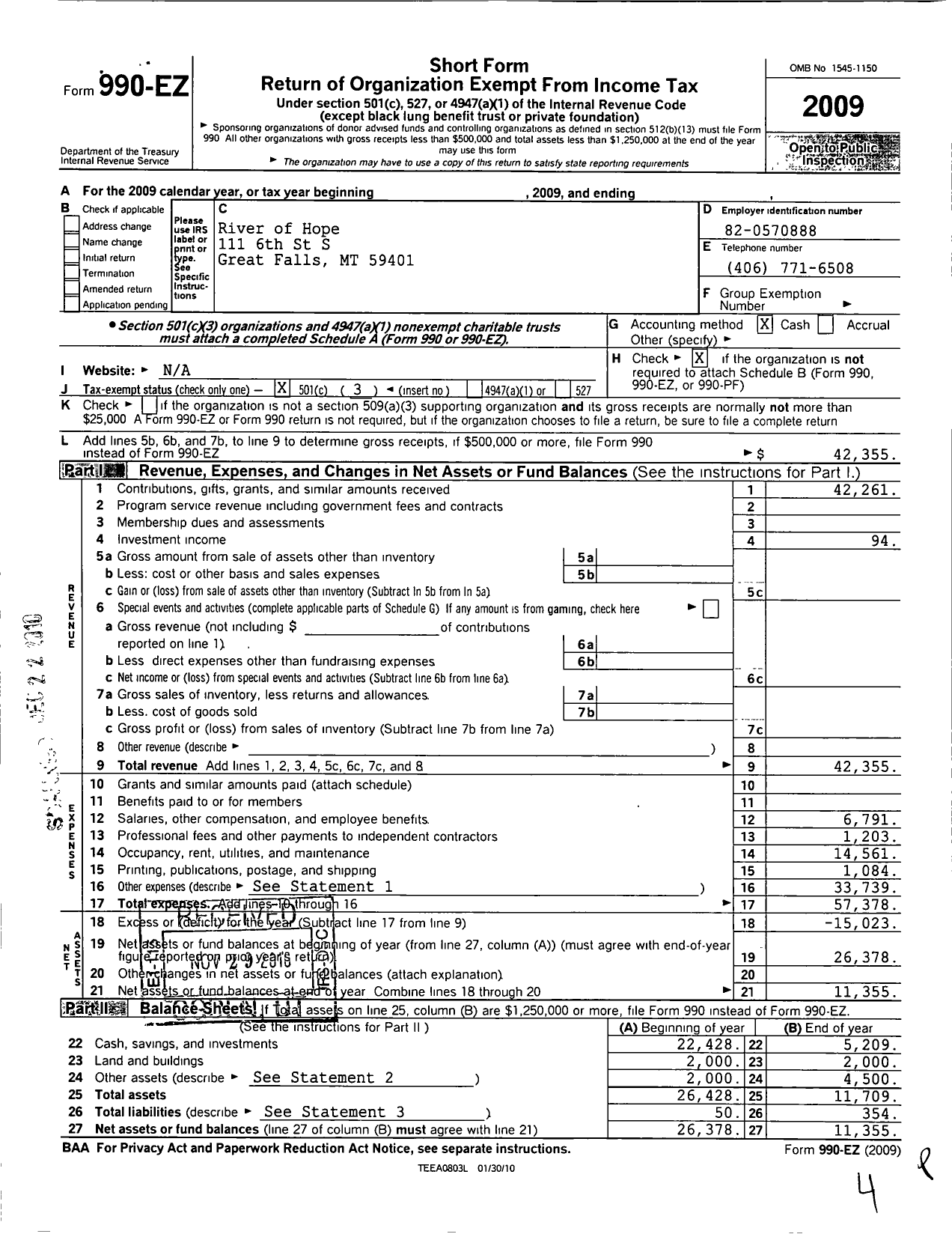 Image of first page of 2009 Form 990EZ for River of Hope