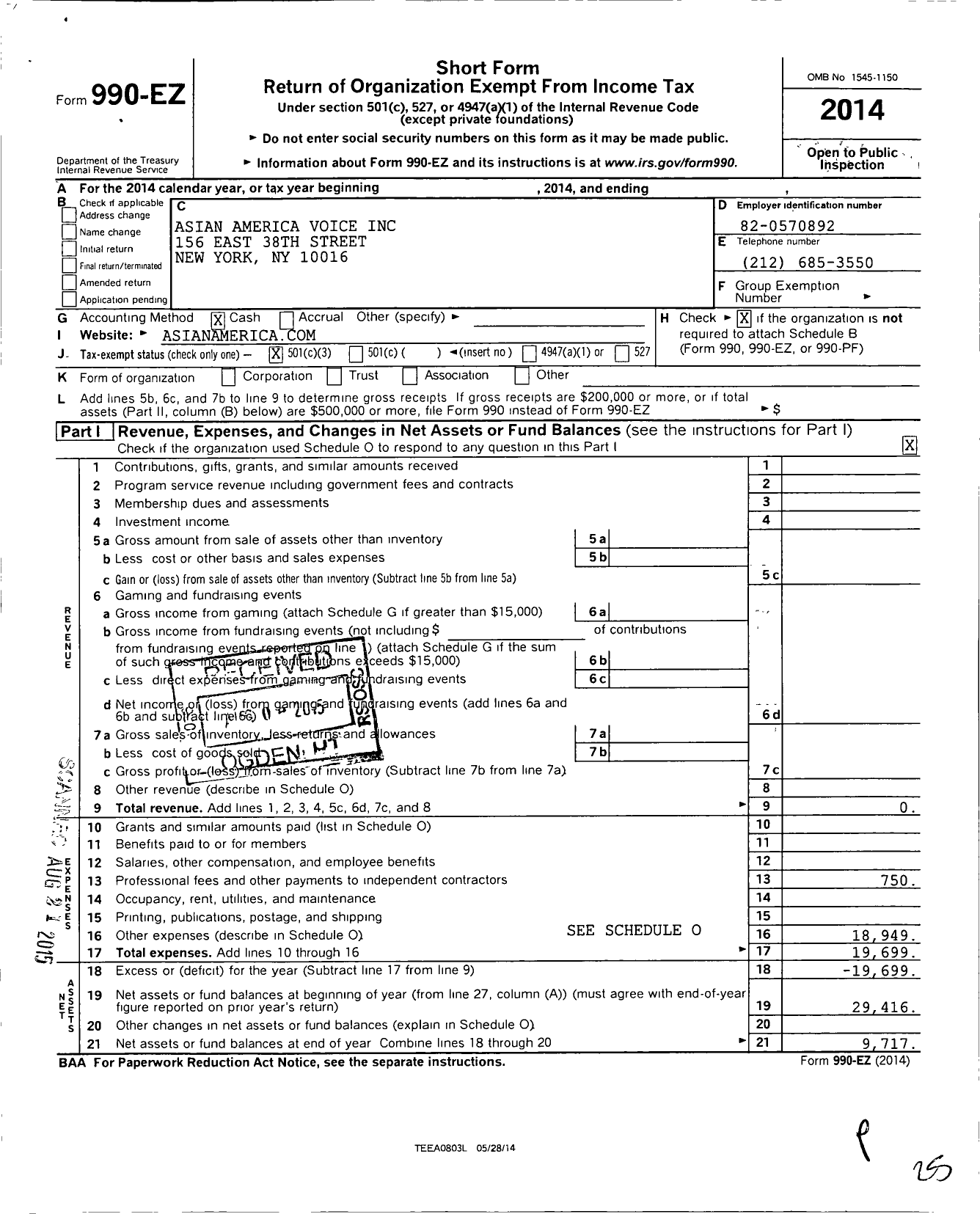 Image of first page of 2014 Form 990EZ for Asian America Voice
