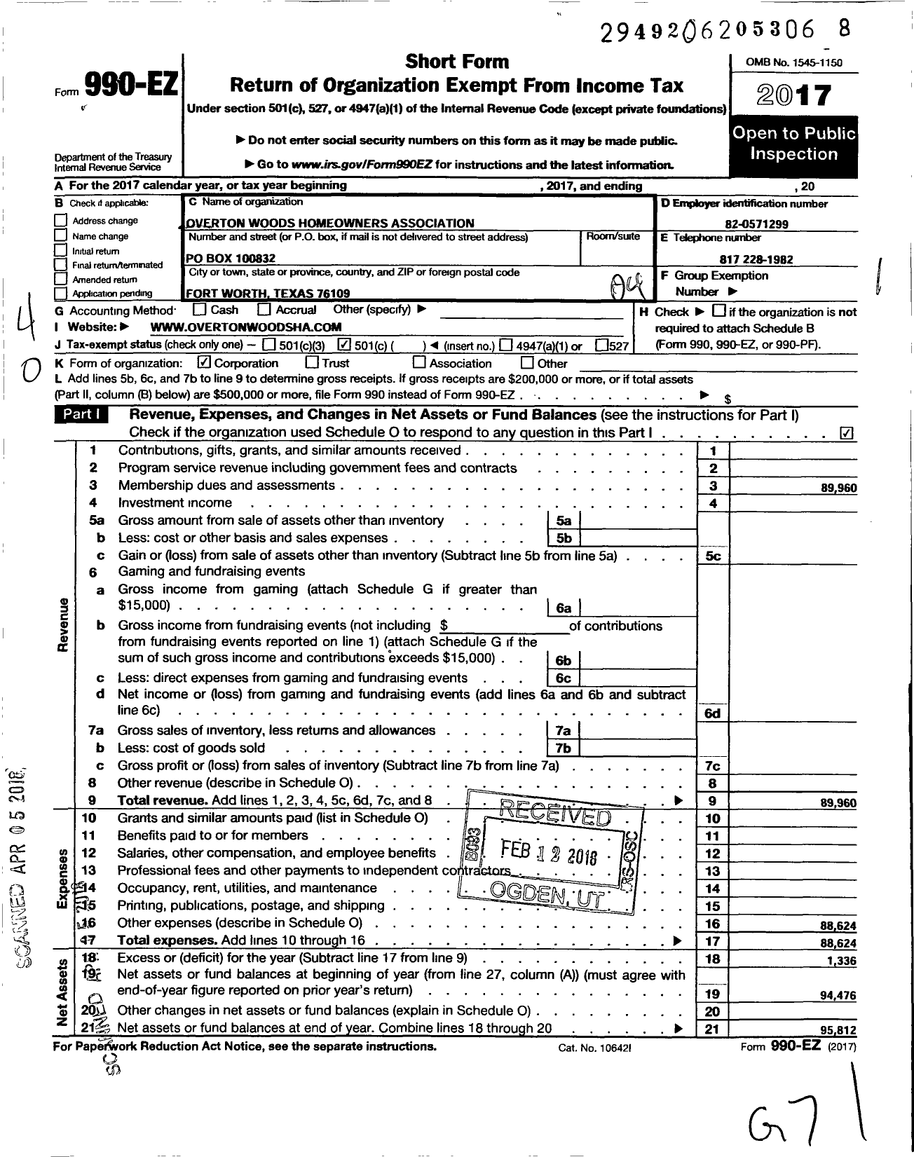 Image of first page of 2017 Form 990EO for Overtonwoods Homeowners Association Sanders