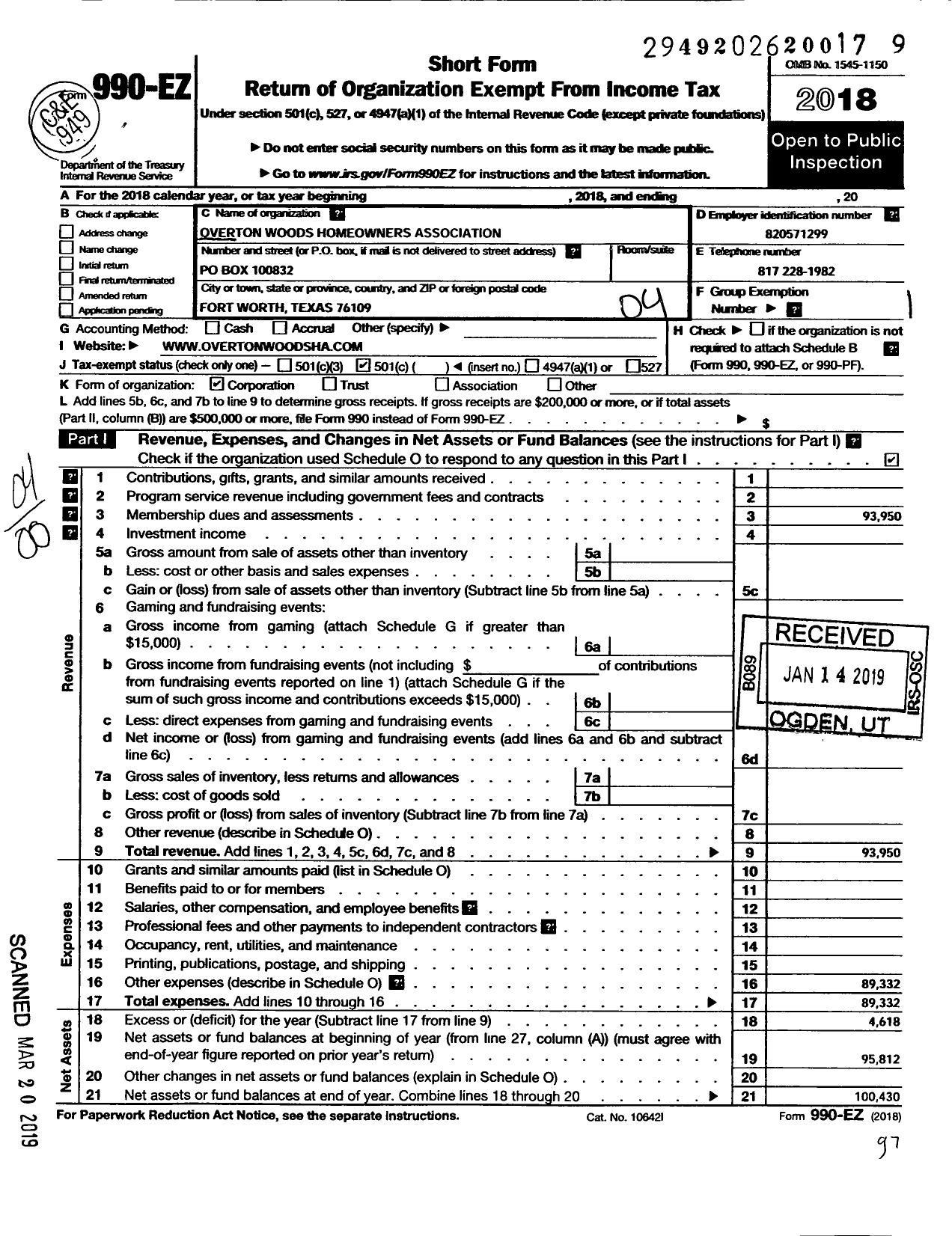 Image of first page of 2018 Form 990EO for Overtonwoods Homeowners Association Sanders