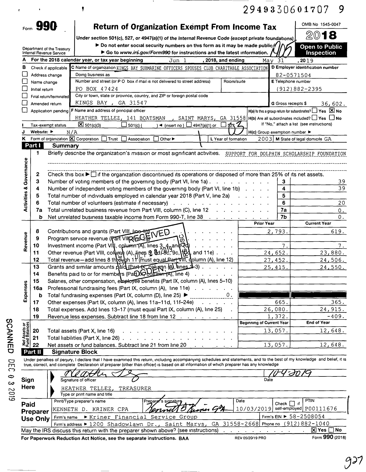 Image of first page of 2018 Form 990 for Kings Bay Submarine Officers' Spouses Charitable Association (KBSOSCA)