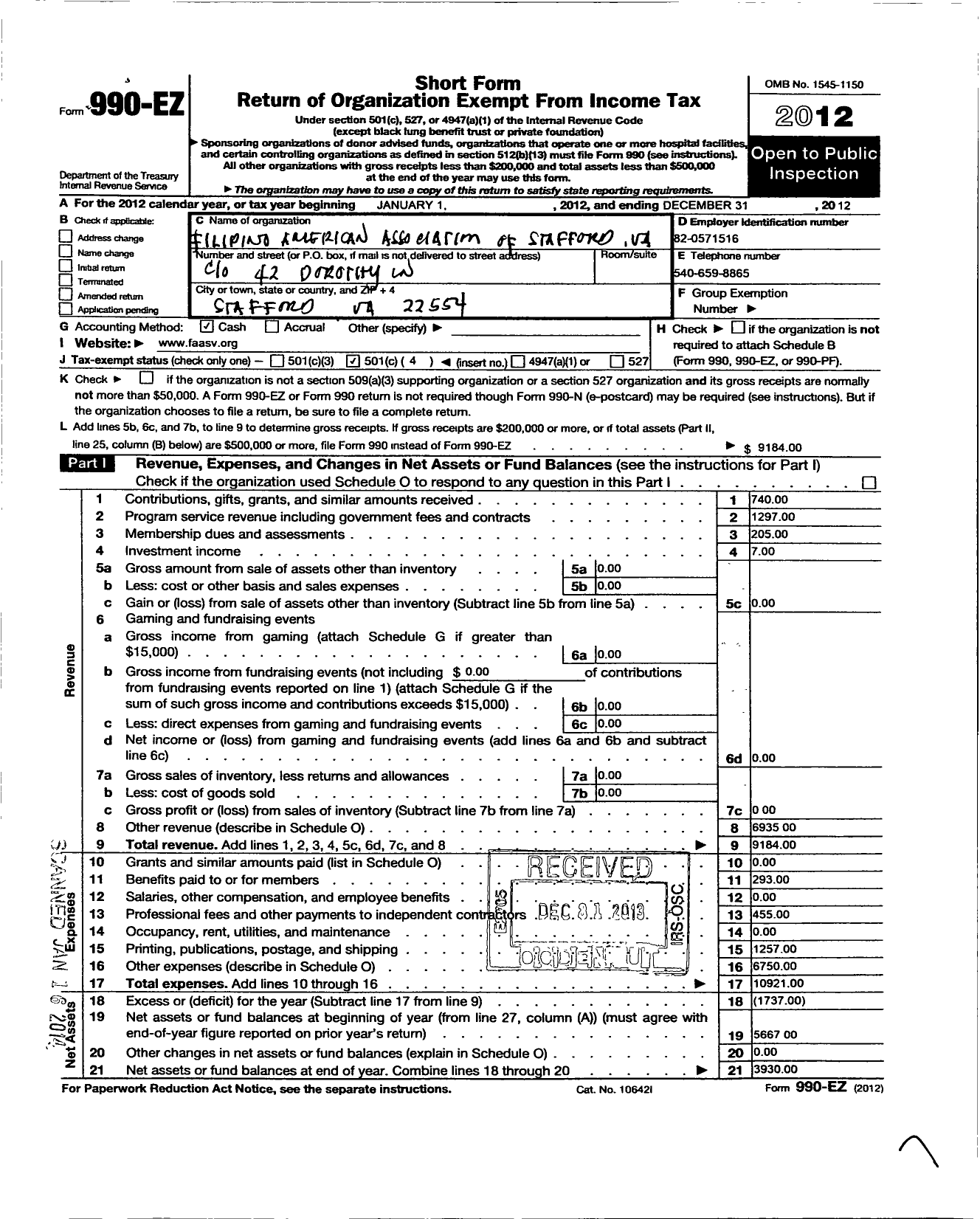 Image of first page of 2012 Form 990EO for Filipino American Association of Stafford Virginia