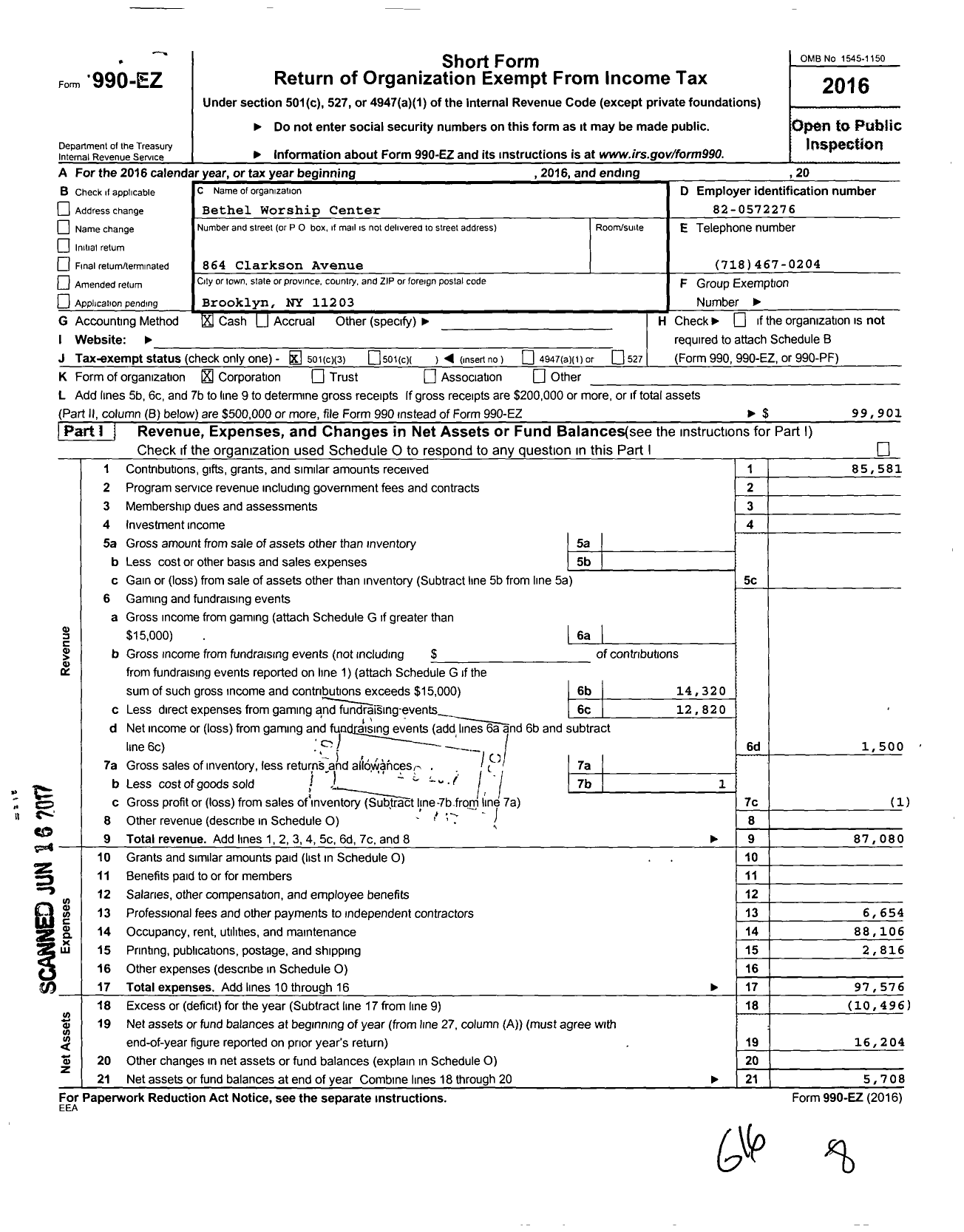 Image of first page of 2016 Form 990EZ for Bethel Worship Center