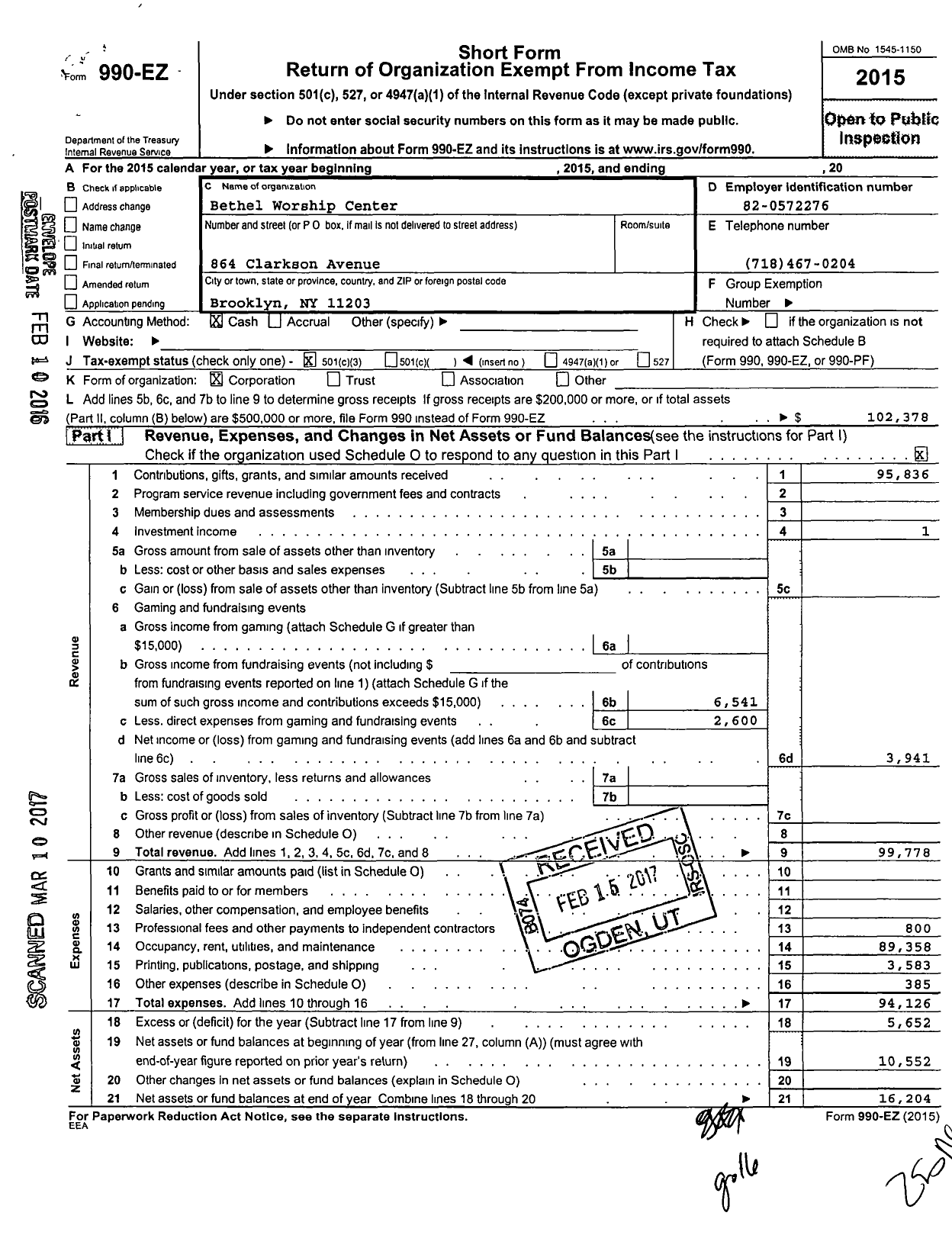 Image of first page of 2015 Form 990EZ for Bethel Worship Center