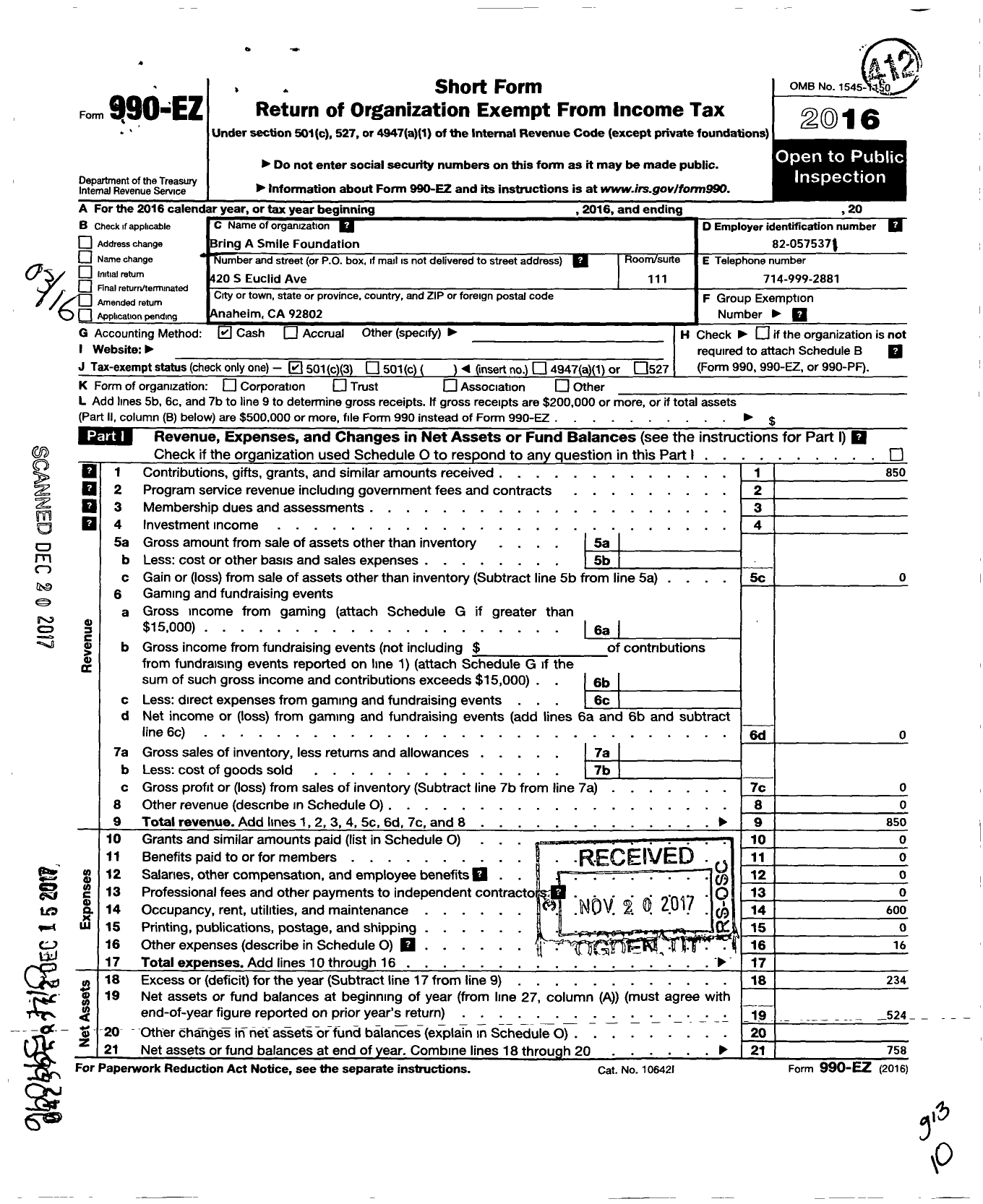 Image of first page of 2016 Form 990EZ for Bring A Smile Foundation