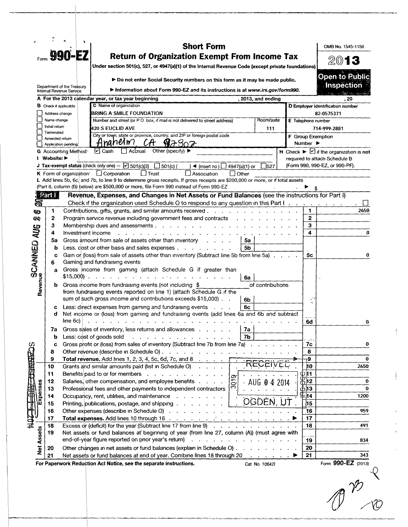 Image of first page of 2013 Form 990EZ for Bring A Smile Foundation