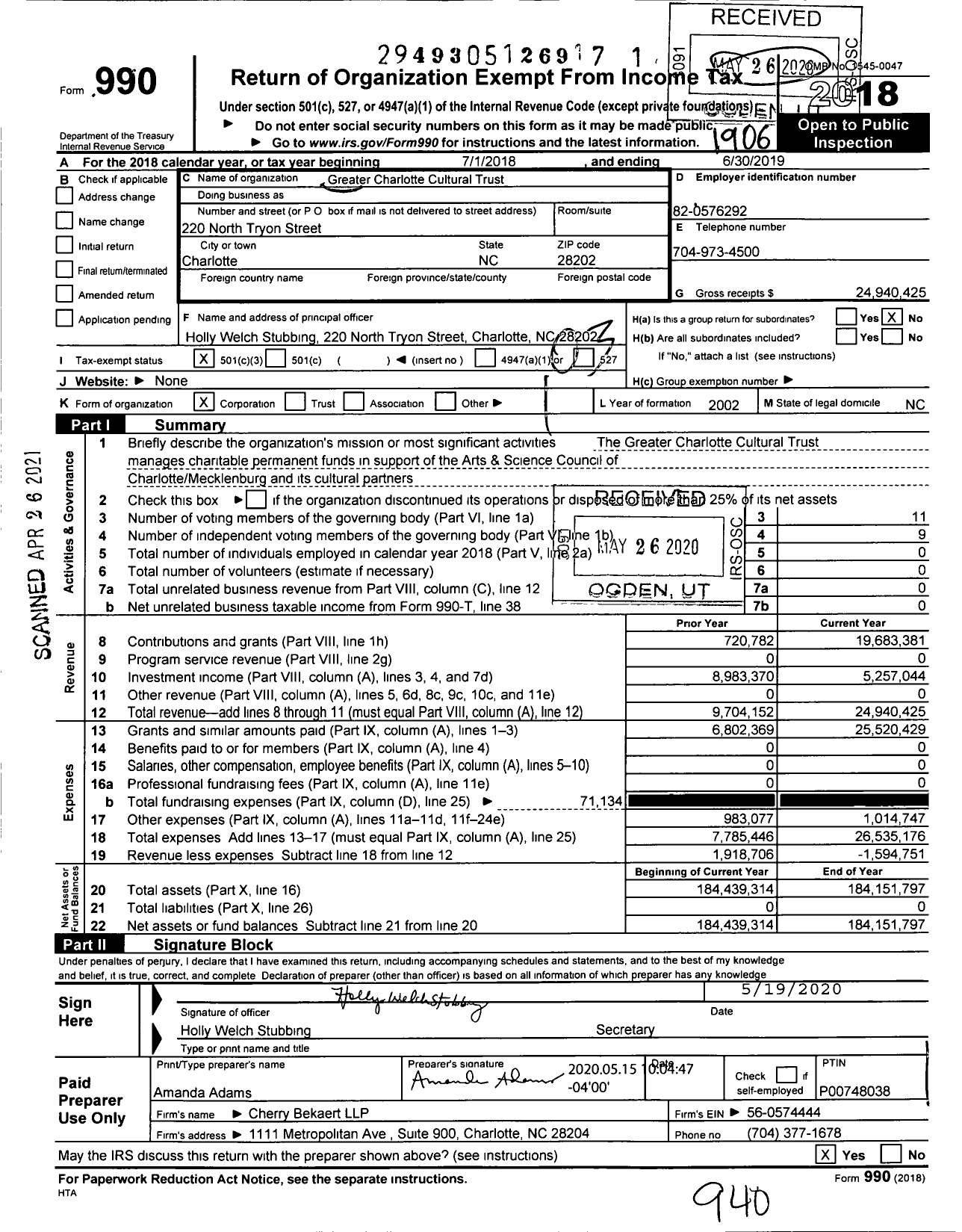 Image of first page of 2018 Form 990 for Greater Charlotte Cultural Trust