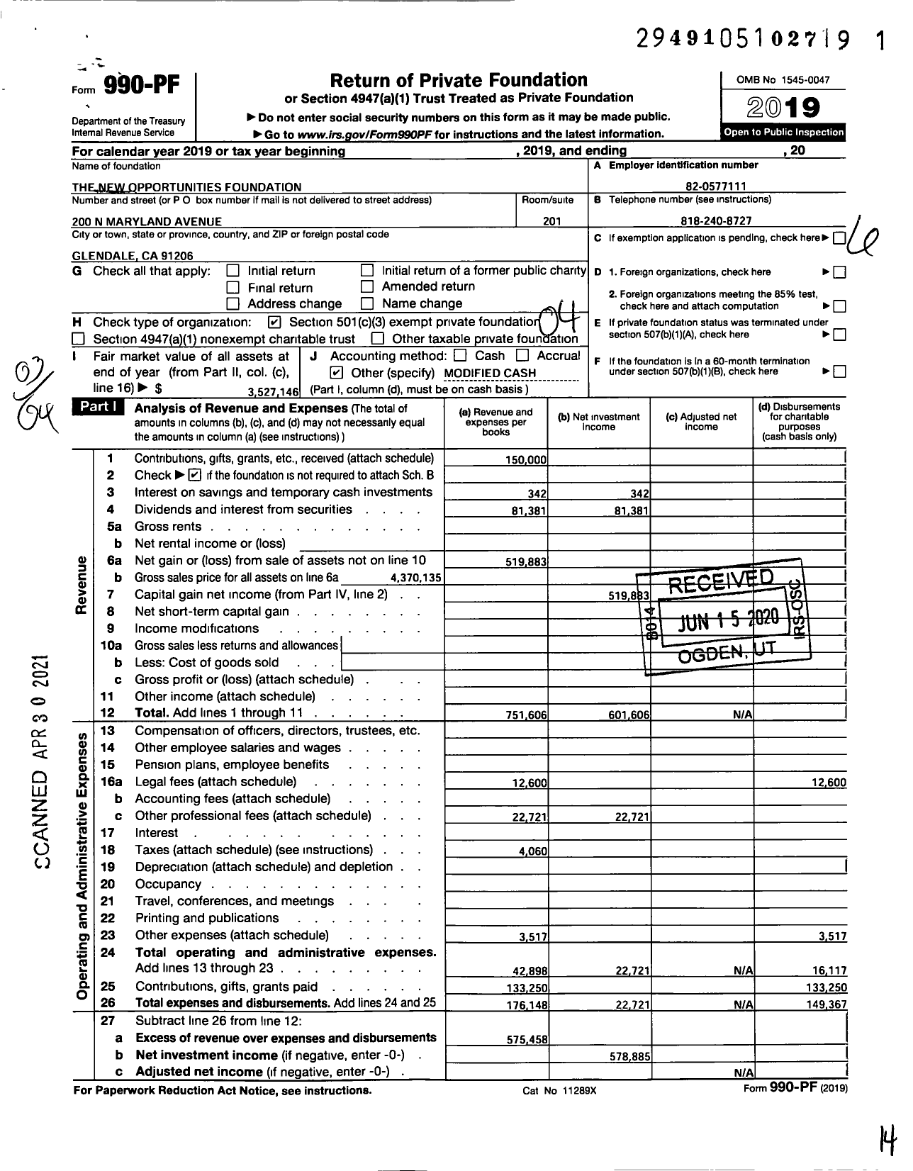 Image of first page of 2019 Form 990PF for The New Opportunities Foundation