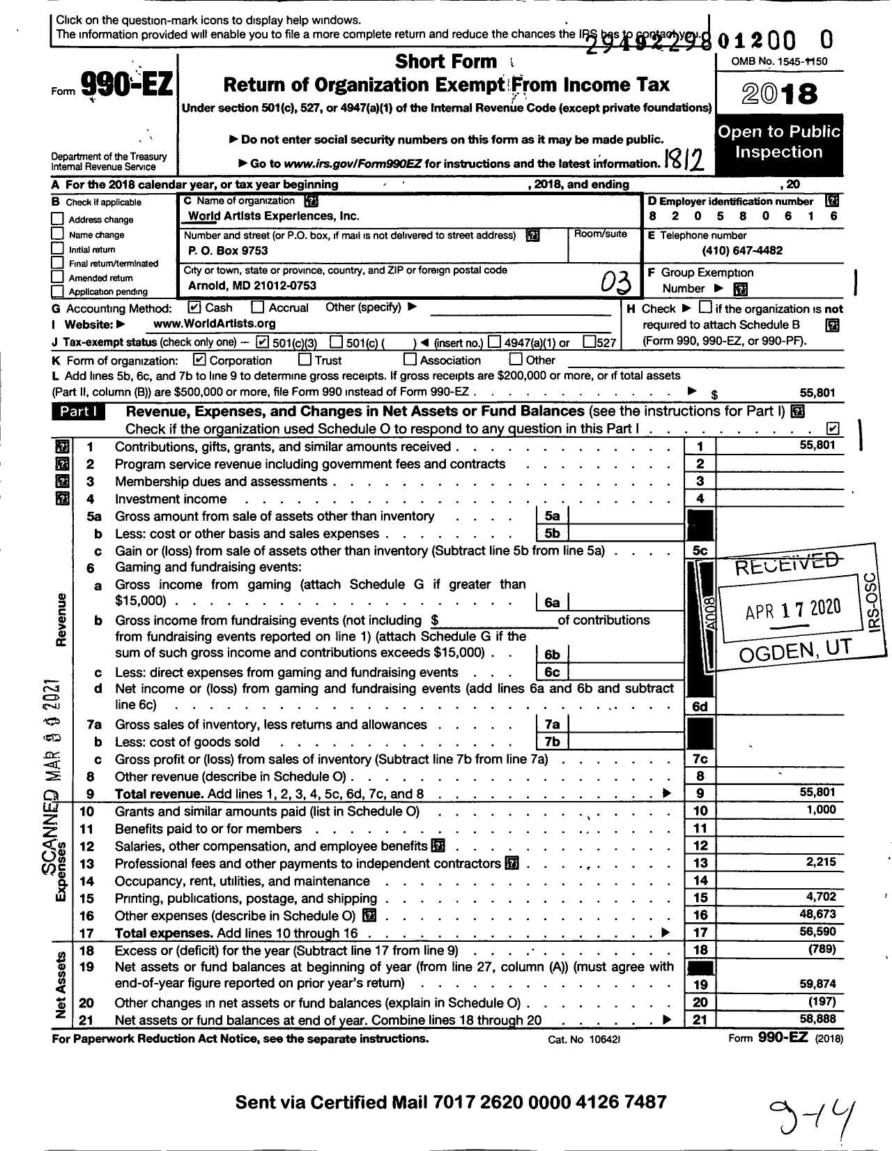 Image of first page of 2018 Form 990EZ for World Artists Experiences