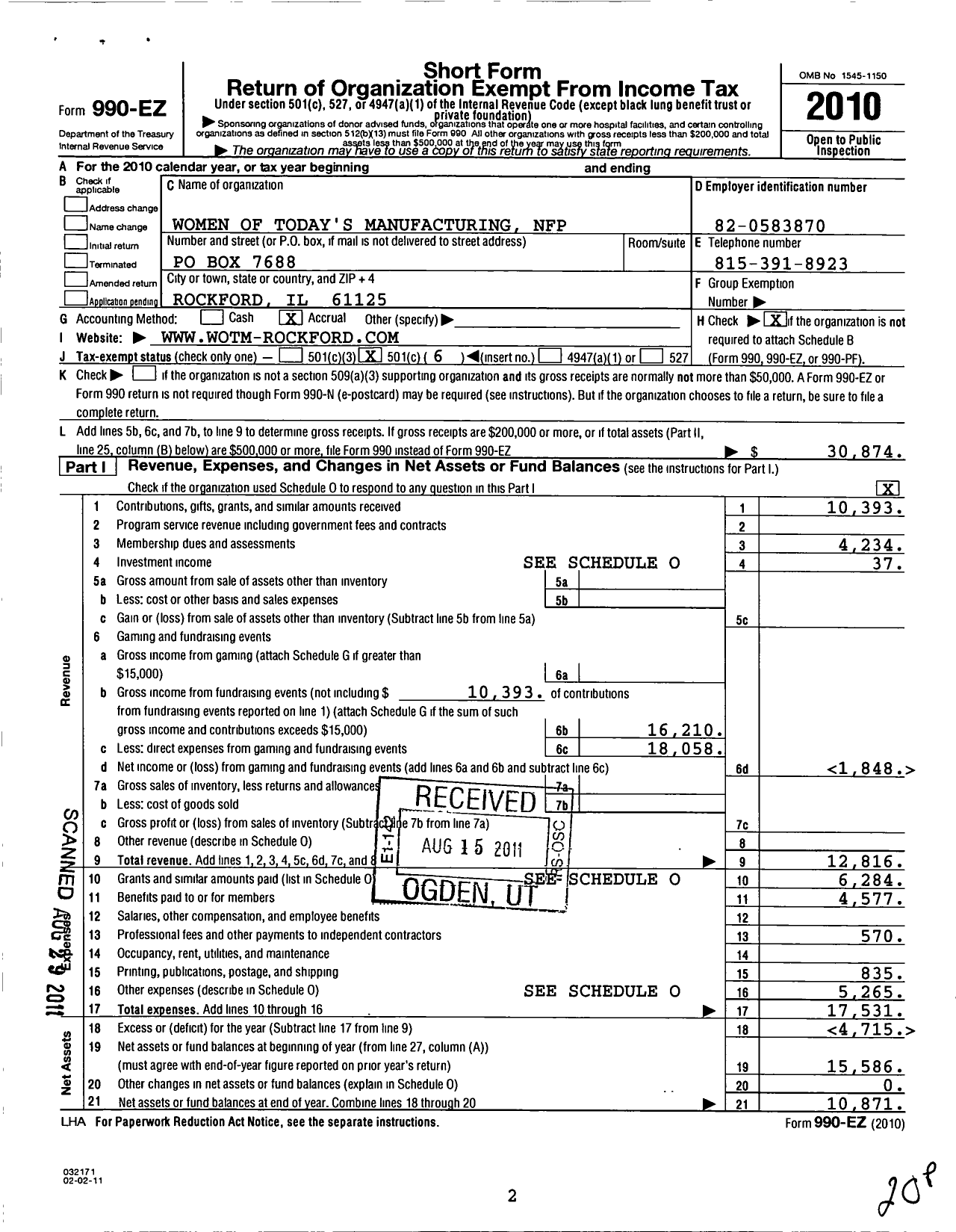 Image of first page of 2010 Form 990EO for Women of Today's Manufacturing Sisson