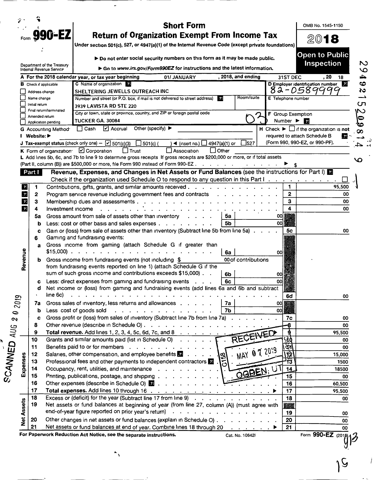 Image of first page of 2018 Form 990EZ for Sheltering Jewells Outreach