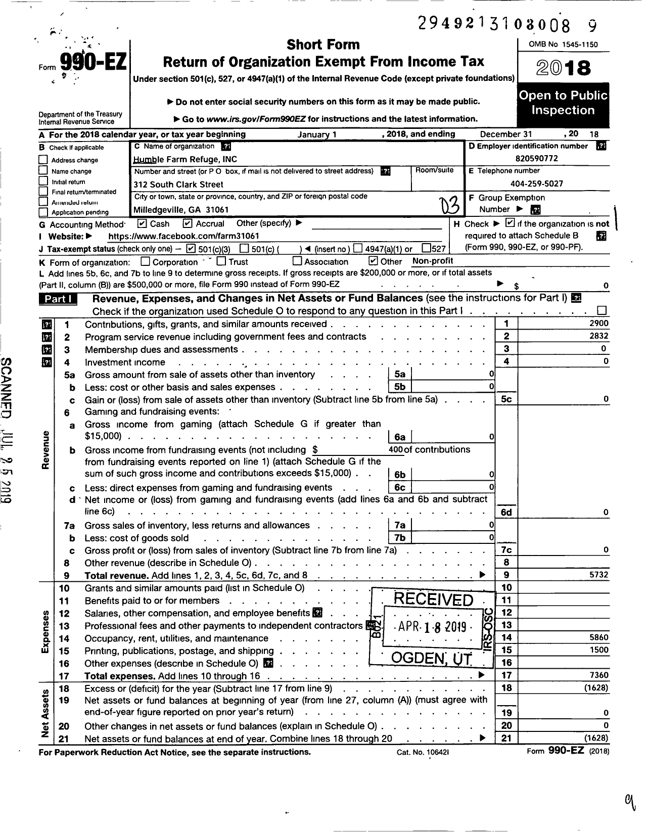 Image of first page of 2018 Form 990EZ for Humble Farm Refuge