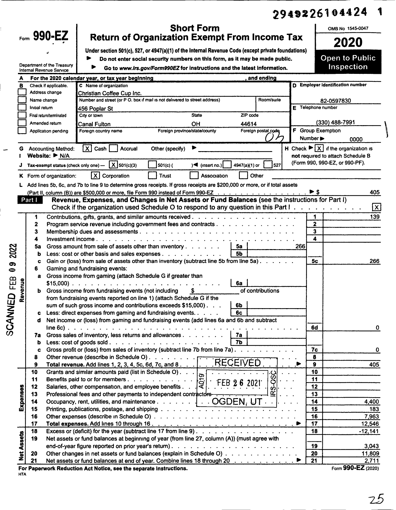 Image of first page of 2020 Form 990EZ for Christian Coffee Cup