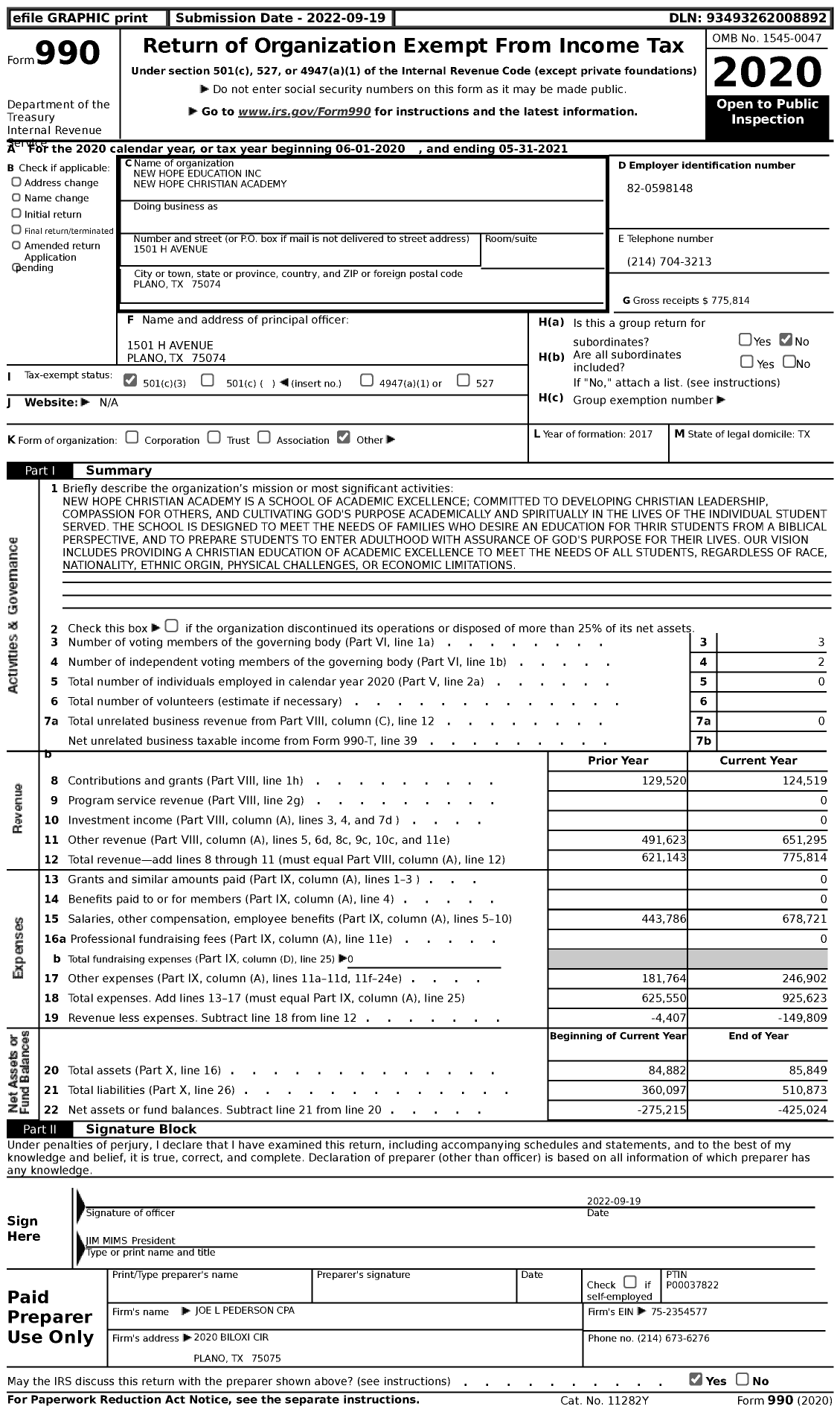 Image of first page of 2020 Form 990 for New Hope Education New Hope Christian Academy