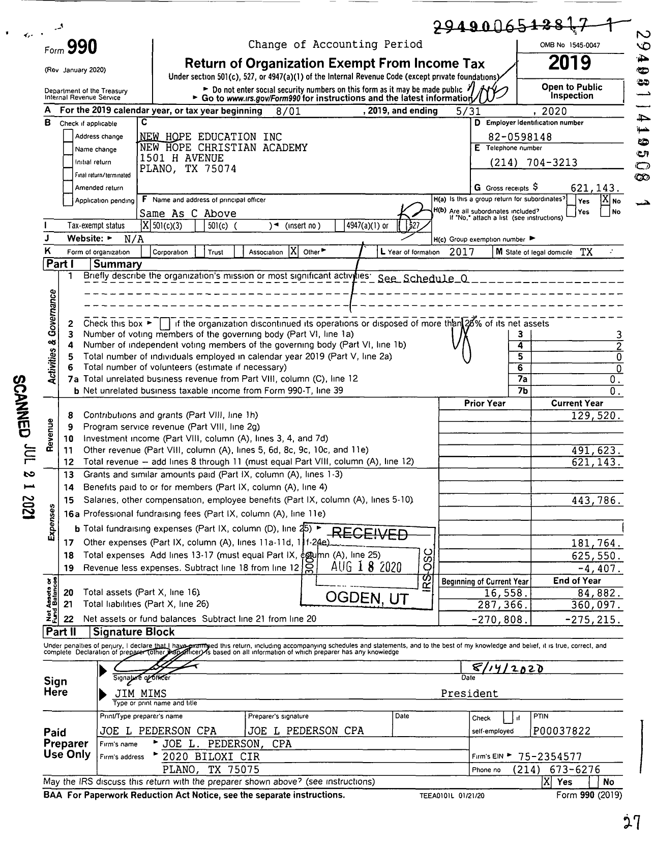 Image of first page of 2019 Form 990 for New Hope Education New Hope Christian Academy