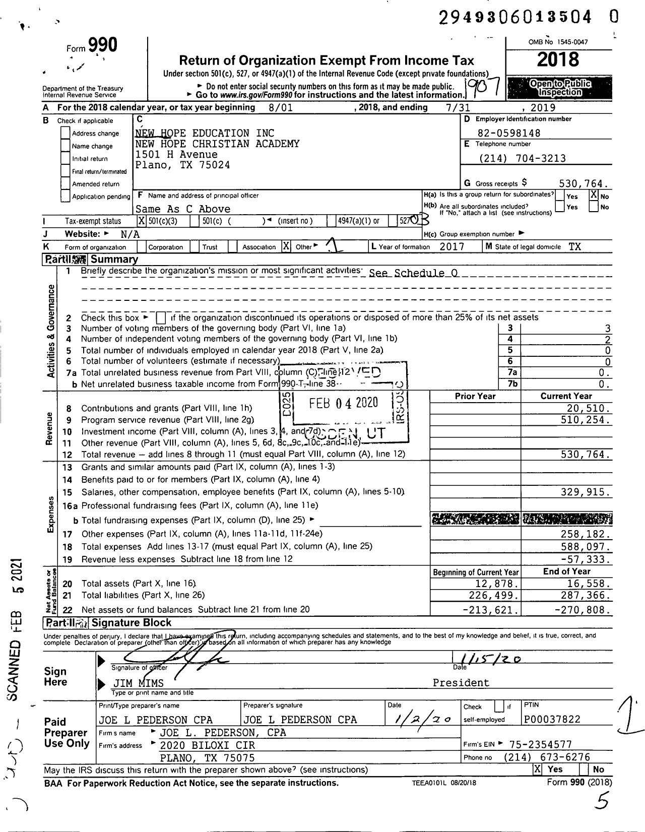 Image of first page of 2018 Form 990 for New Hope Education New Hope Christian Academy