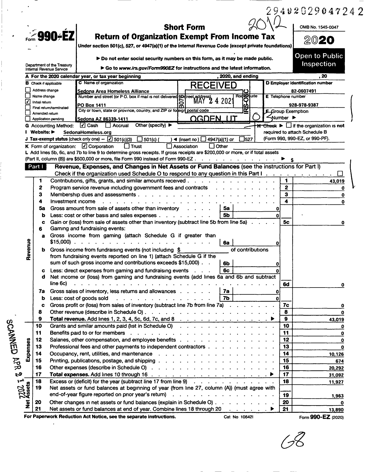 Image of first page of 2020 Form 990EZ for Sedona Area Homeless Alliance