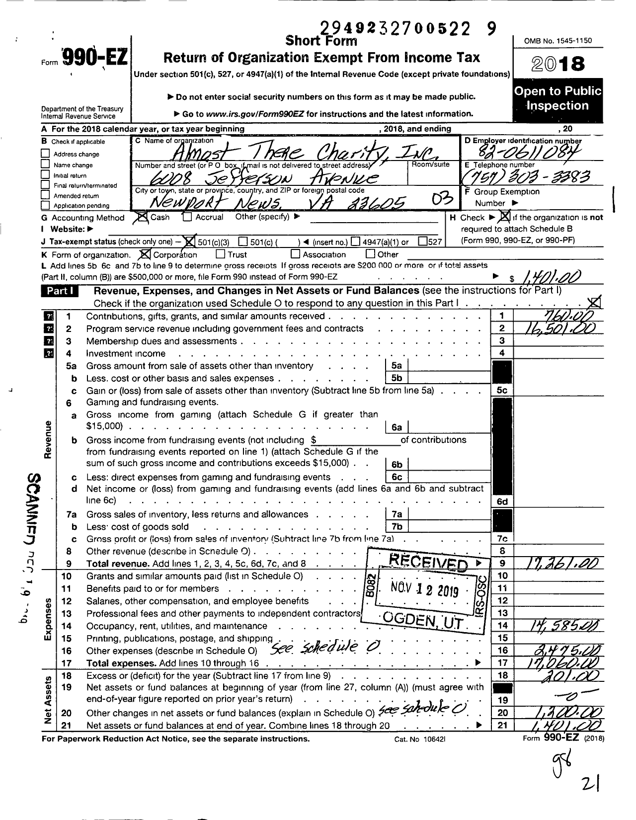 Image of first page of 2018 Form 990EZ for Almost There Charity