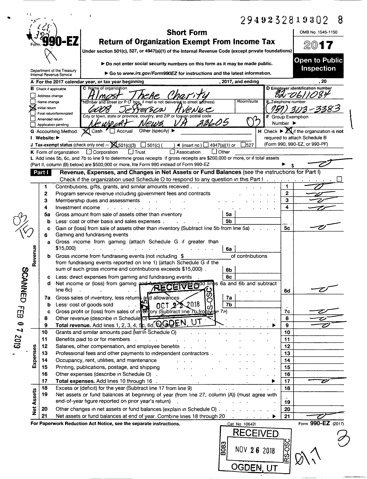 Image of first page of 2017 Form 990EZ for Almost There Charity