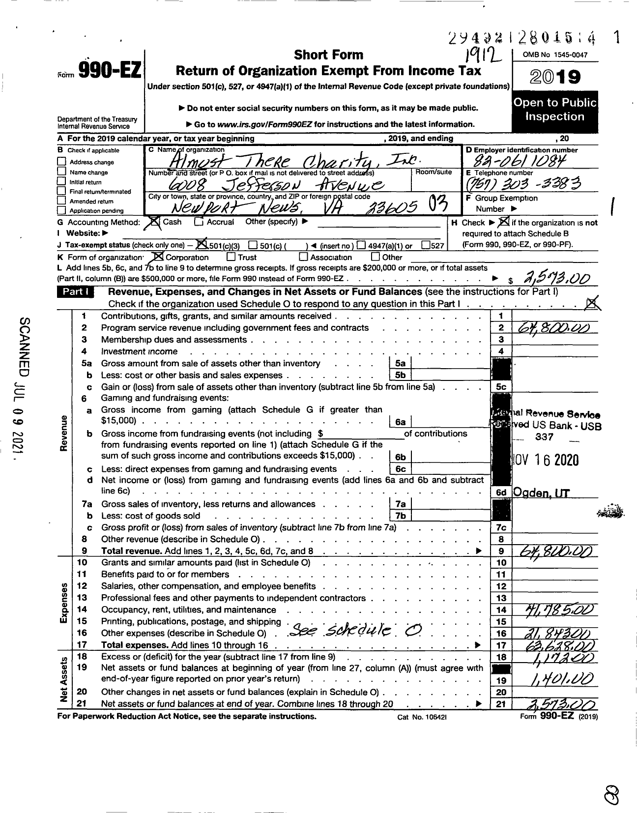 Image of first page of 2019 Form 990EZ for Almost There Charity