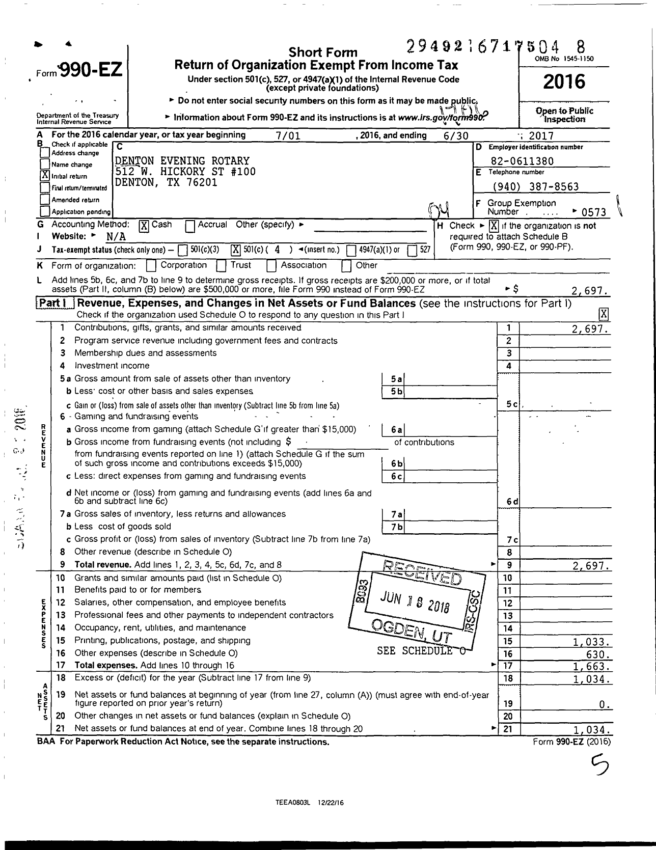 Image of first page of 2016 Form 990EO for Denton Evening Rotary