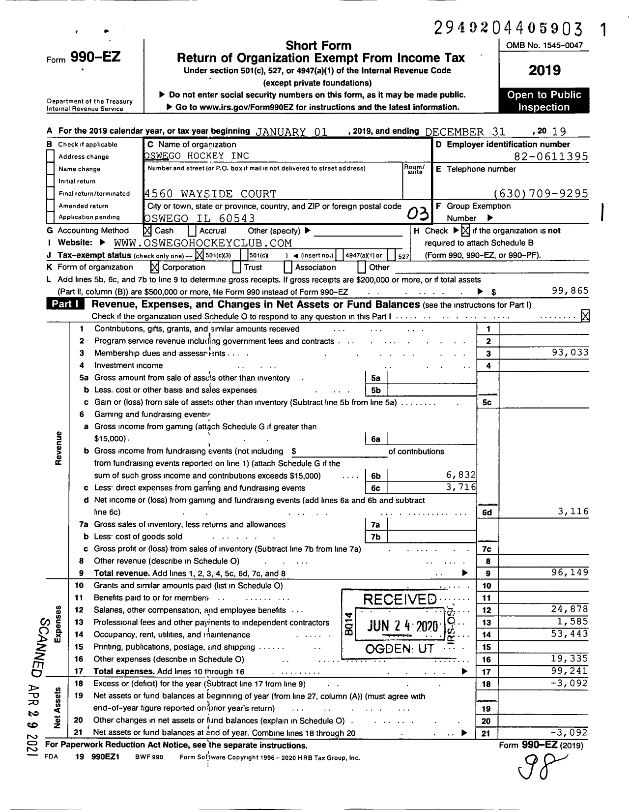 Image of first page of 2019 Form 990EZ for Oswego Hockey