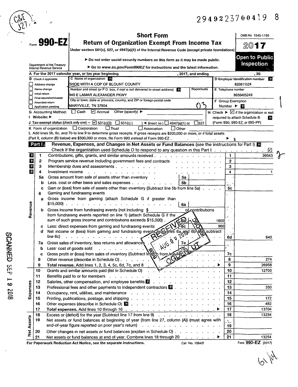 Image of first page of 2017 Form 990EZ for Shop with A Cop of Blount County