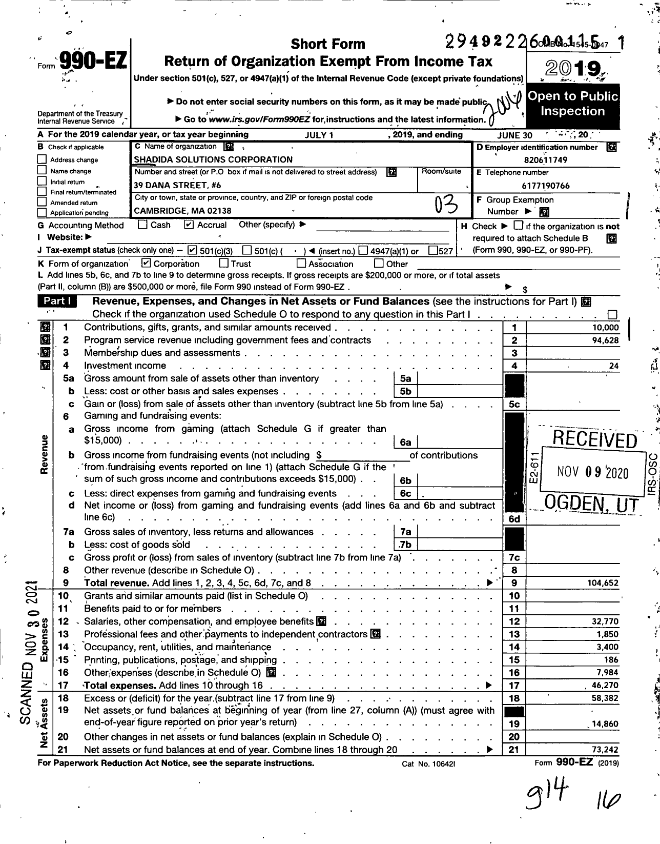 Image of first page of 2019 Form 990EZ for Shadida Solutions