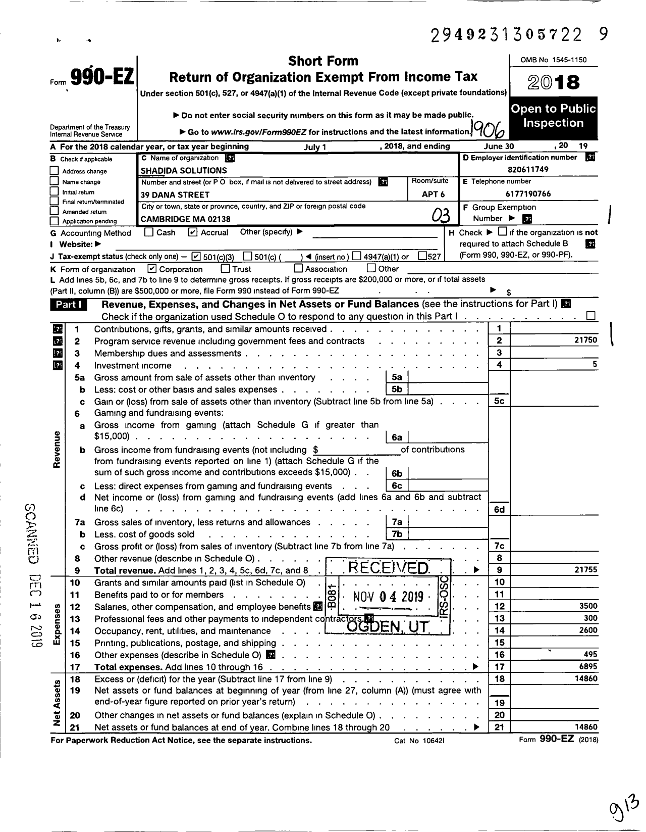 Image of first page of 2018 Form 990EZ for Shadida Solutions