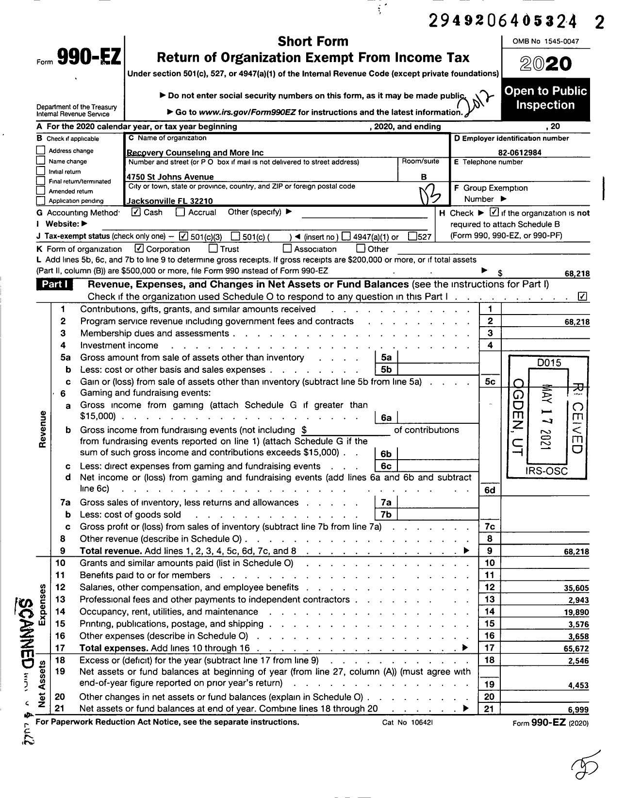 Image of first page of 2020 Form 990EZ for Recovery Counseling and More