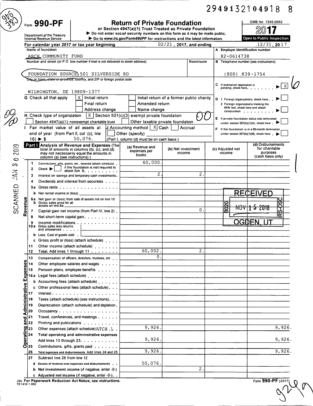 Image of first page of 2017 Form 990PF for Arch Community Fund