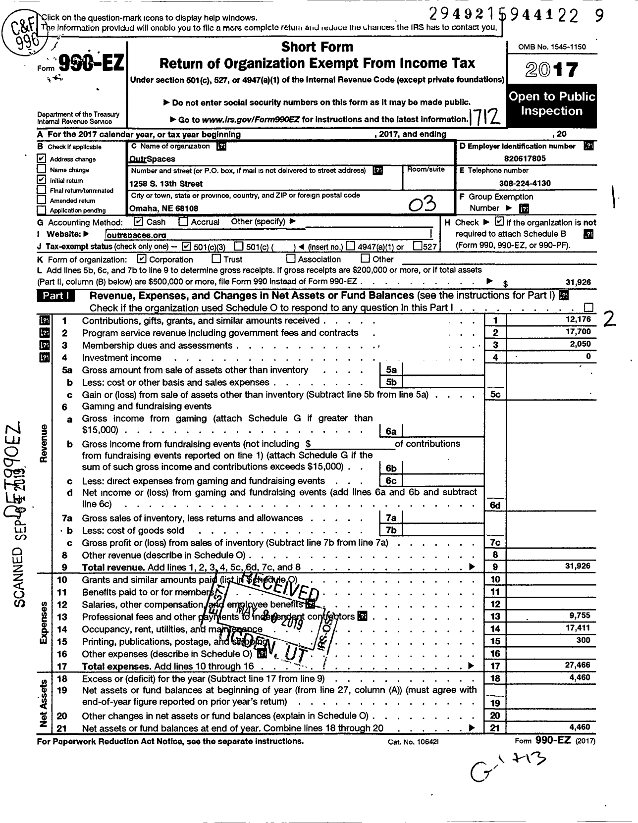 Image of first page of 2017 Form 990EZ for Outrspaces