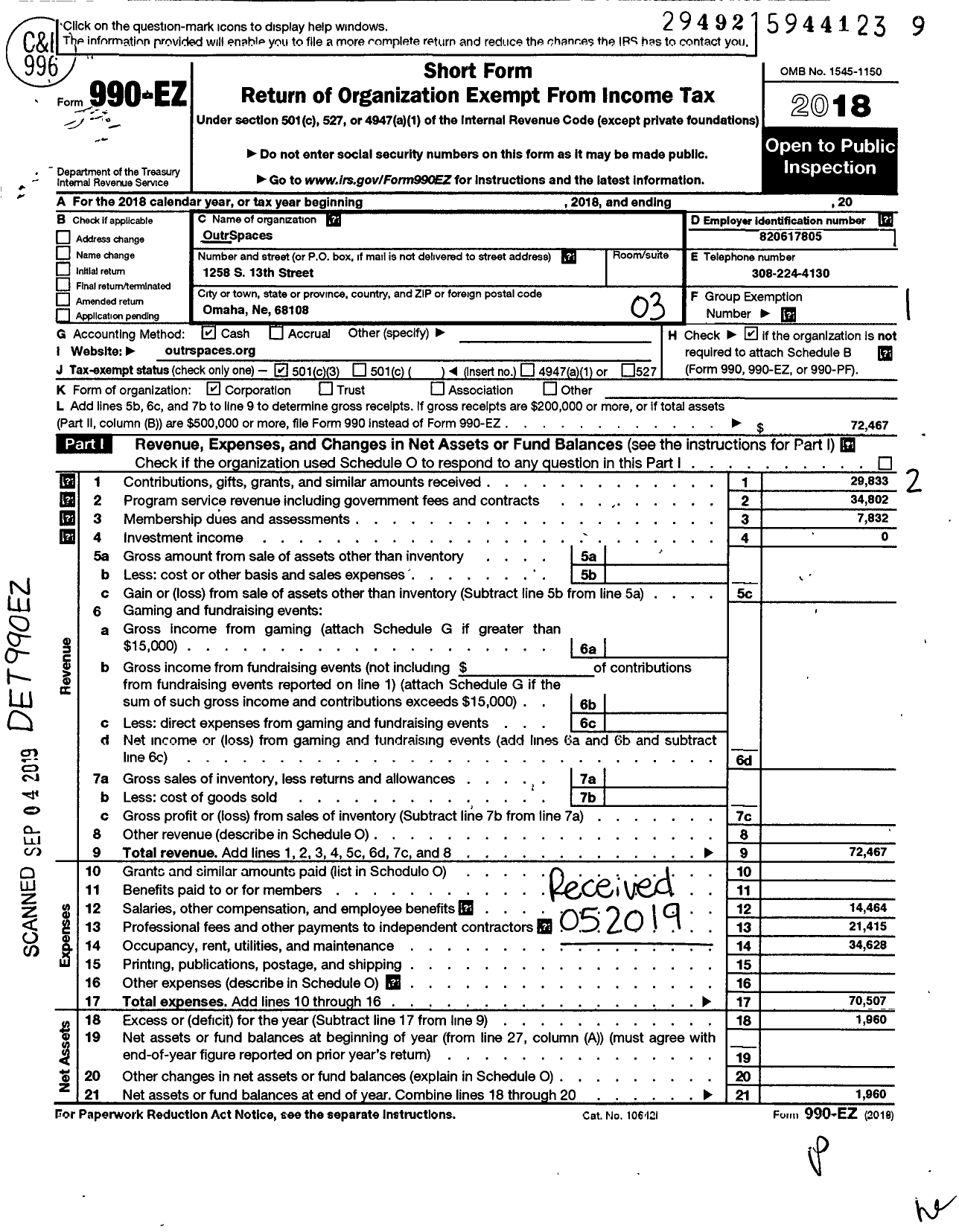 Image of first page of 2018 Form 990EZ for Outrspaces