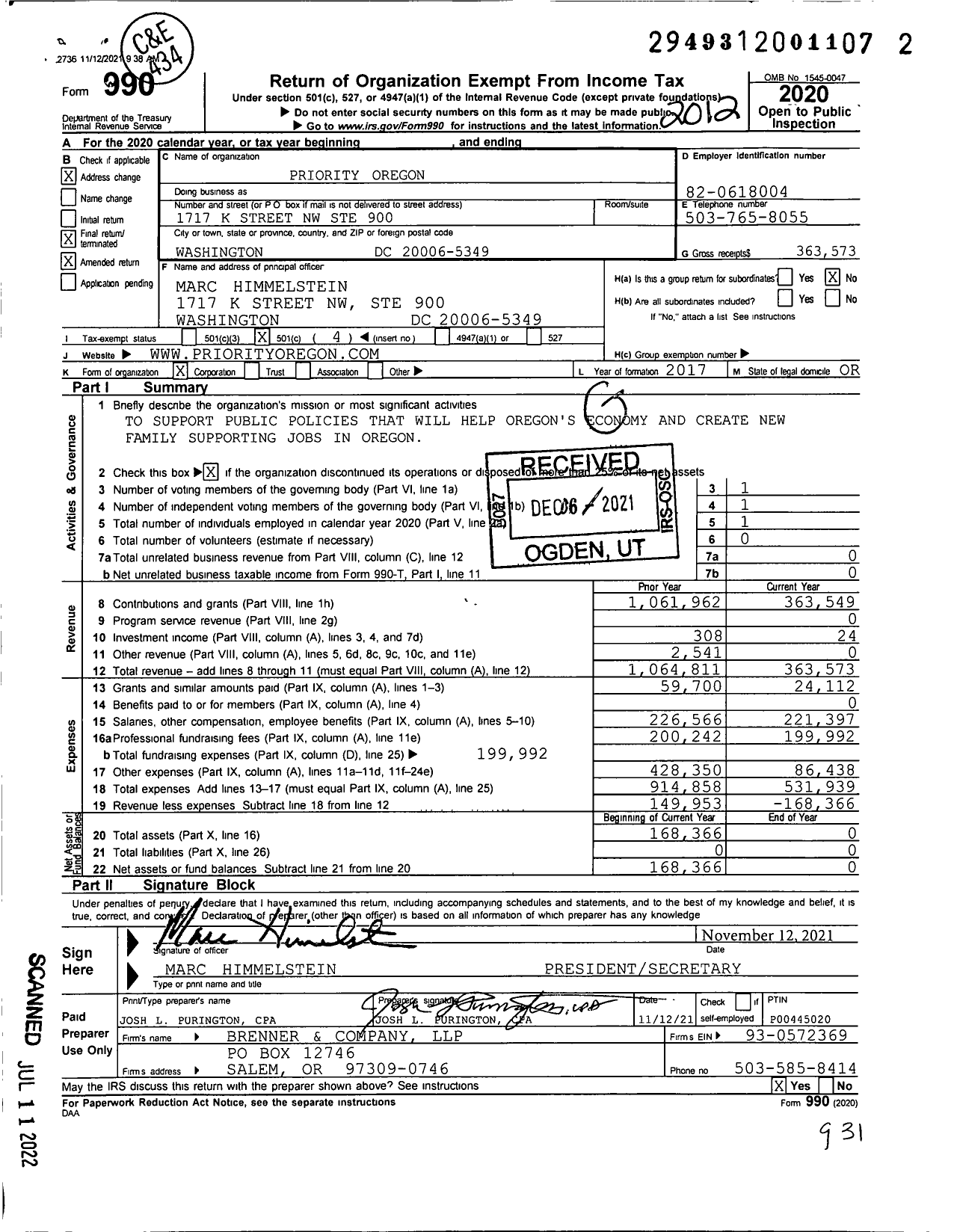 Image of first page of 2020 Form 990O for Priority Oregon