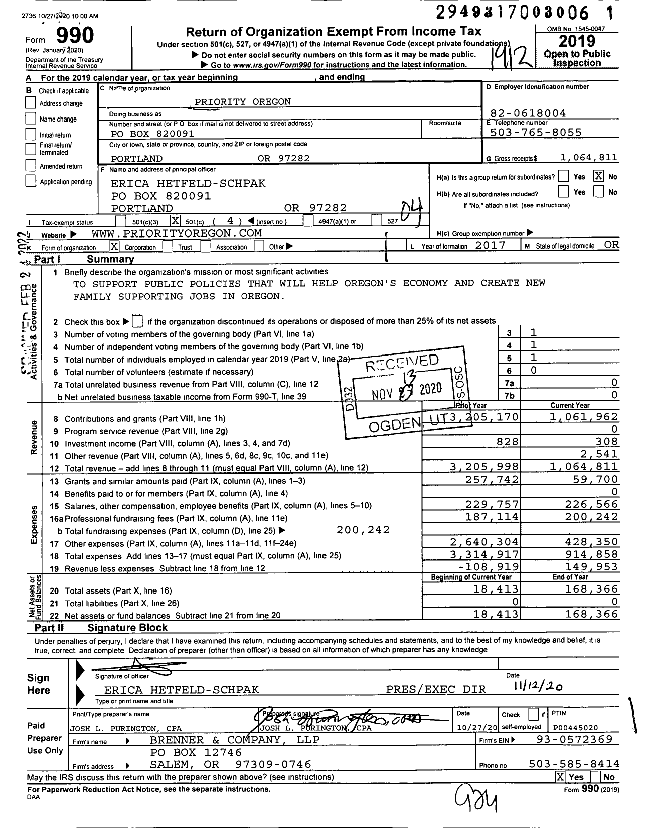 Image of first page of 2019 Form 990O for Priority Oregon