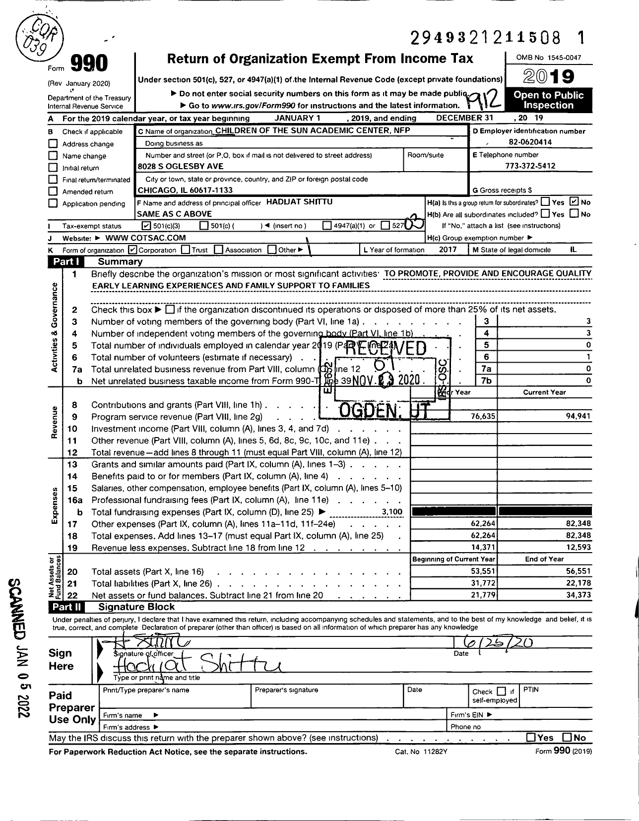 Image of first page of 2019 Form 990 for Children of the Sun Academic Center